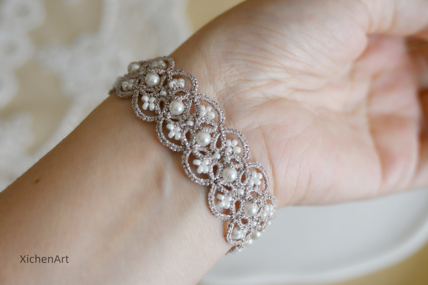 gorgeous tatting bracelet with beads and pearls, handmade tatting bracelet, heavy handmade tatting bracelet, frivolite tatting bracelet