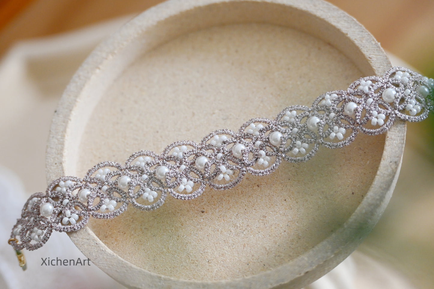 gorgeous tatting bracelet with beads and pearls, handmade tatting bracelet, heavy handmade tatting bracelet, frivolite tatting bracelet