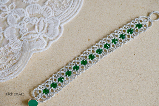 tatting bracelet with zircon, frivolite tatting bracelet with zircon, unique design handmade tatting bracelet