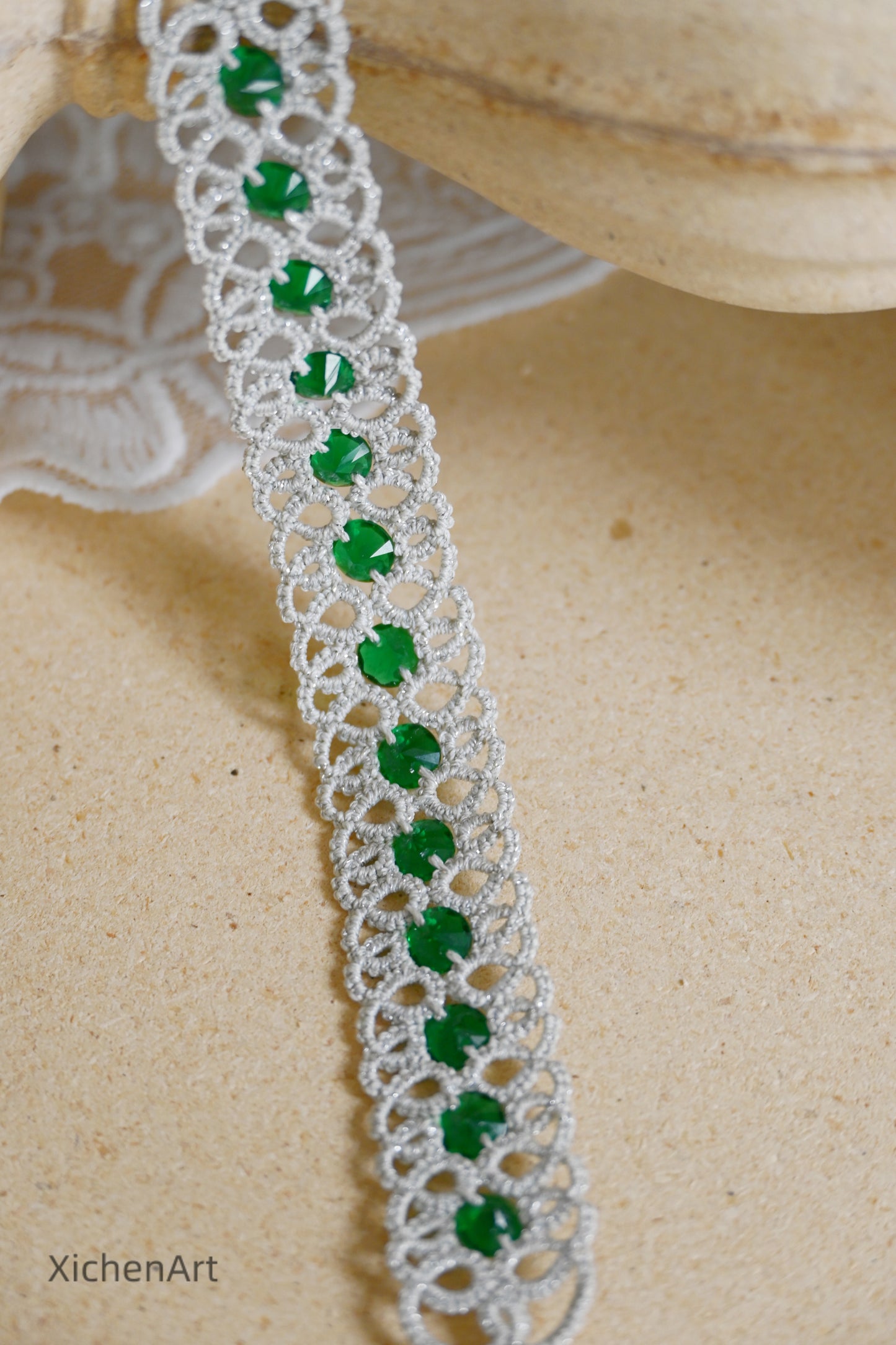 tatting bracelet with zircon, frivolite tatting bracelet with zircon, unique design handmade tatting bracelet