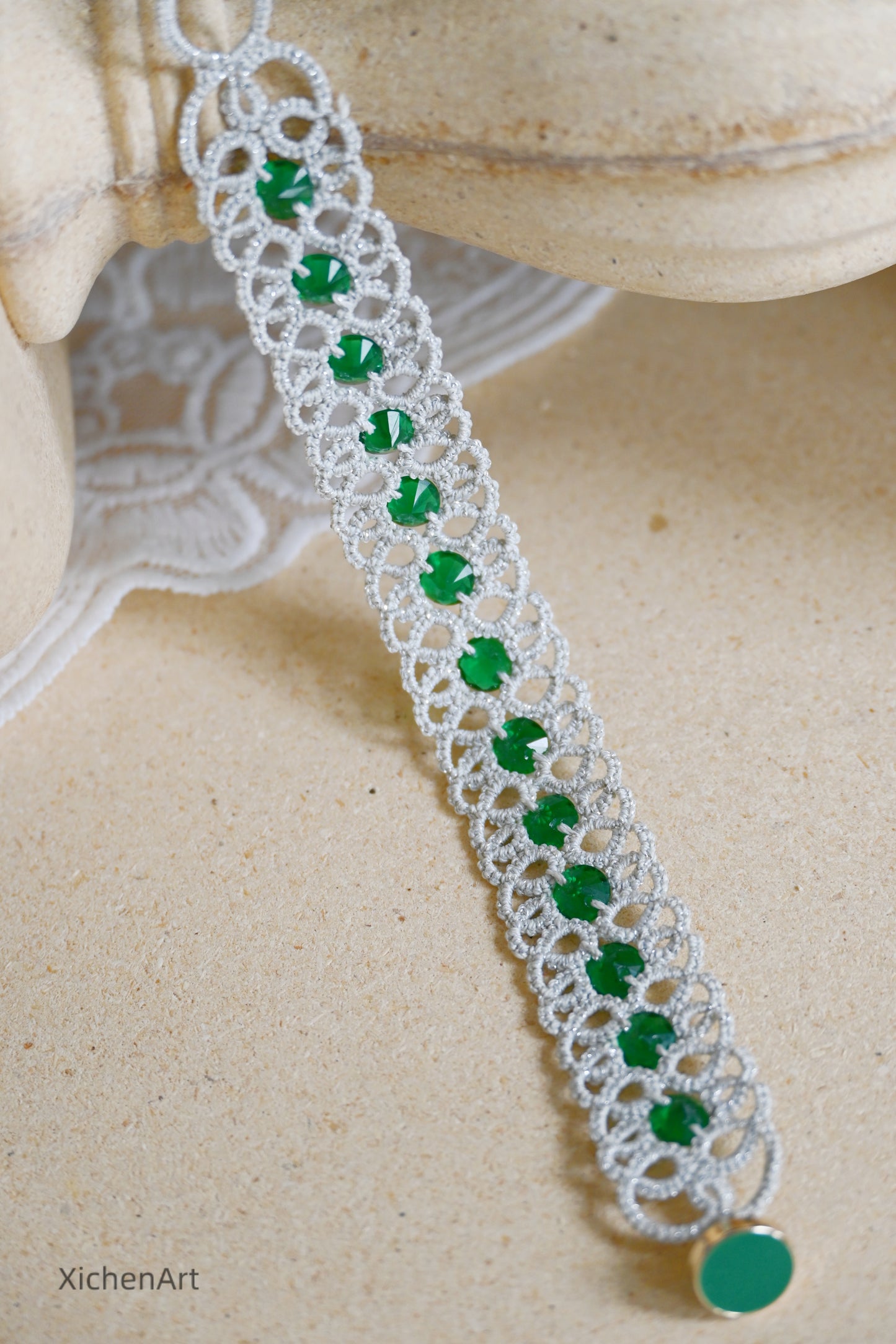 tatting bracelet with zircon, frivolite tatting bracelet with zircon, unique design handmade tatting bracelet