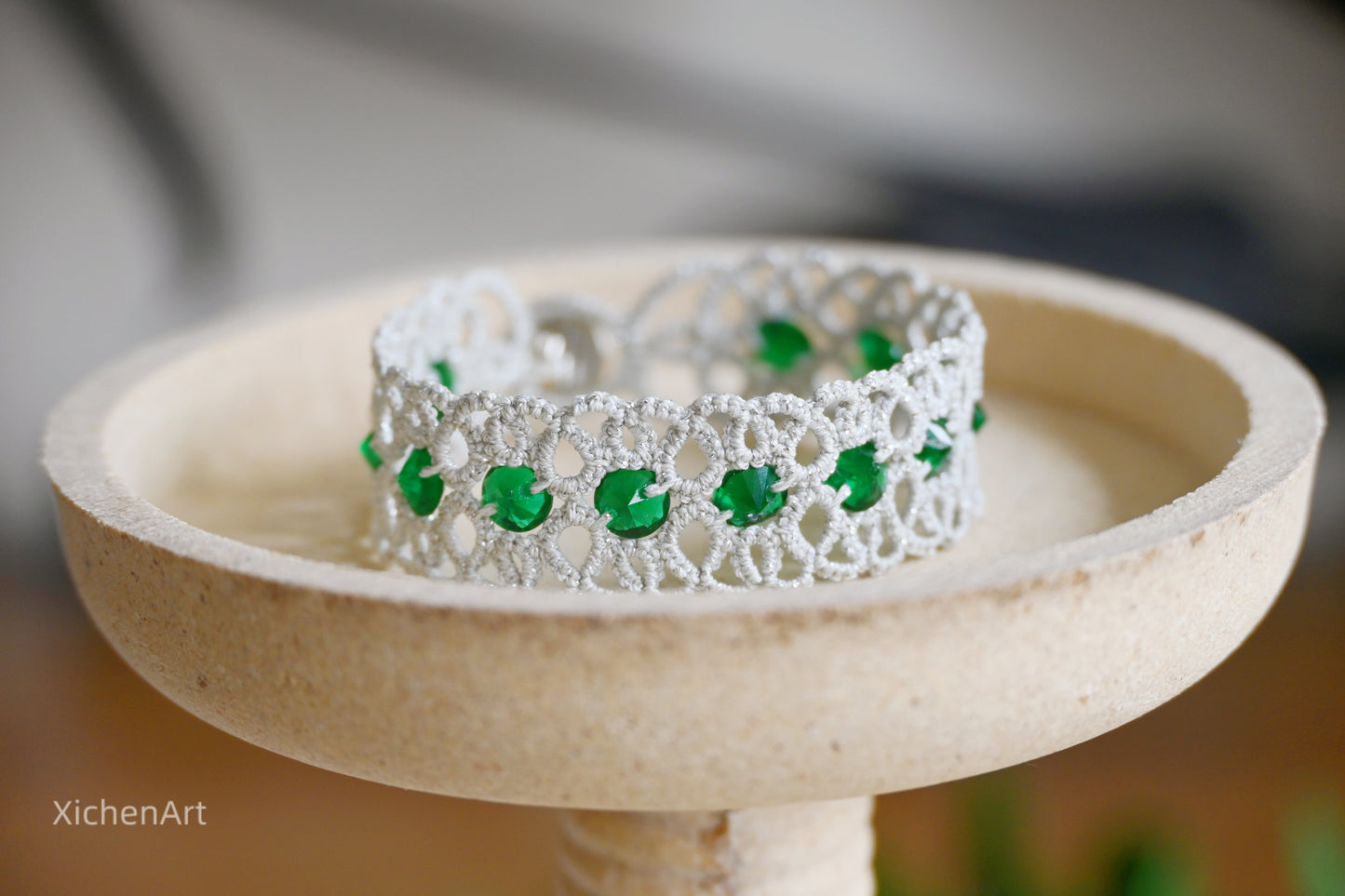 tatting bracelet with zircon, frivolite tatting bracelet with zircon, unique design handmade tatting bracelet