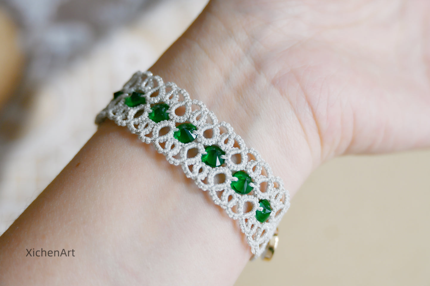 tatting bracelet with zircon, frivolite tatting bracelet with zircon, unique design handmade tatting bracelet