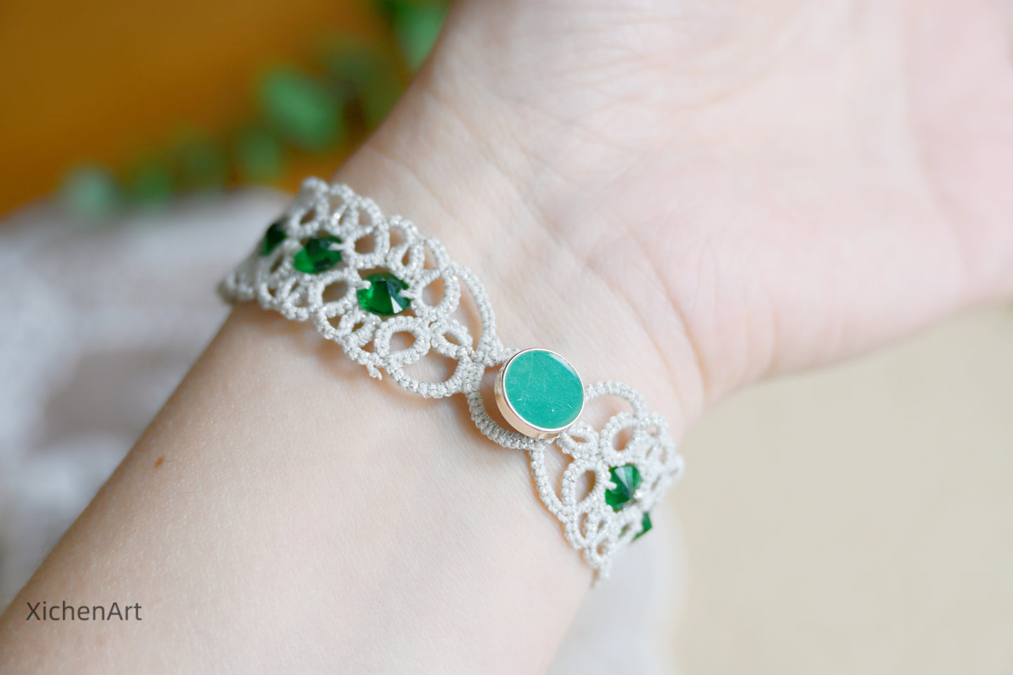 tatting bracelet with zircon, frivolite tatting bracelet with zircon, unique design handmade tatting bracelet