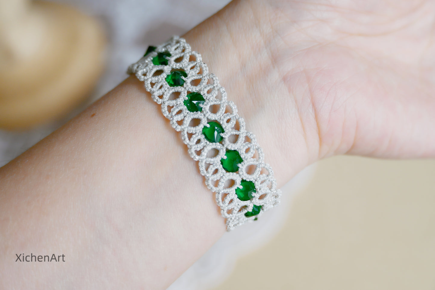 tatting bracelet with zircon, frivolite tatting bracelet with zircon, unique design handmade tatting bracelet