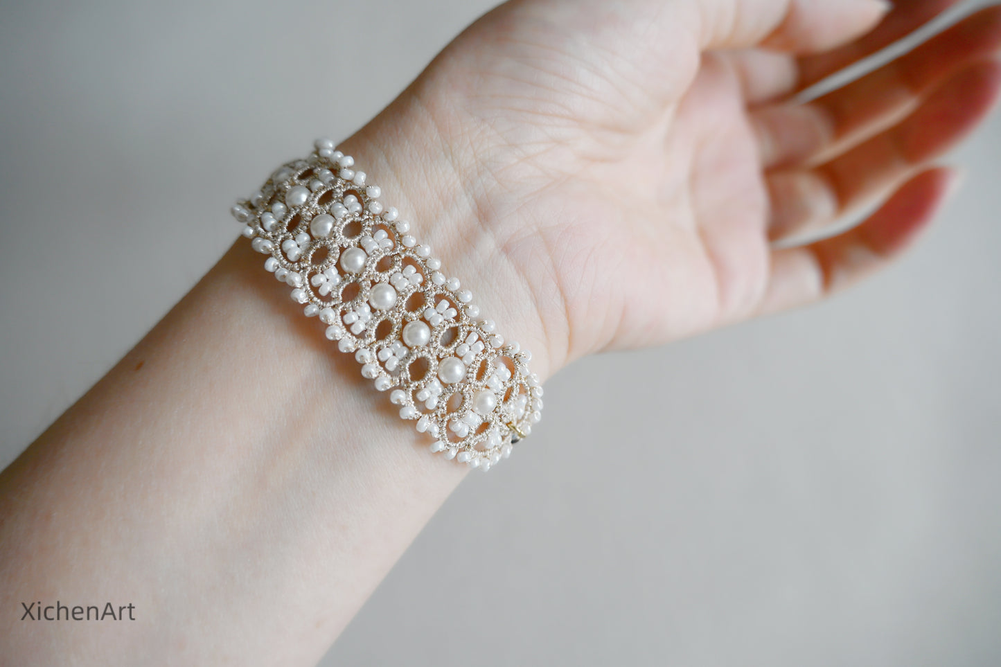 gorgeous handmade tatting lace bracelet, unique design tatting bracelet with pearls and beads