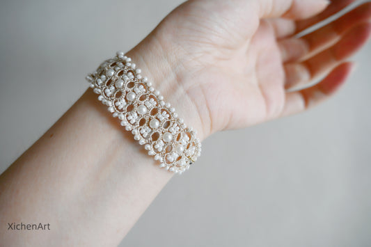 gorgeous handmade tatting lace bracelet, unique design tatting bracelet with pearls and beads