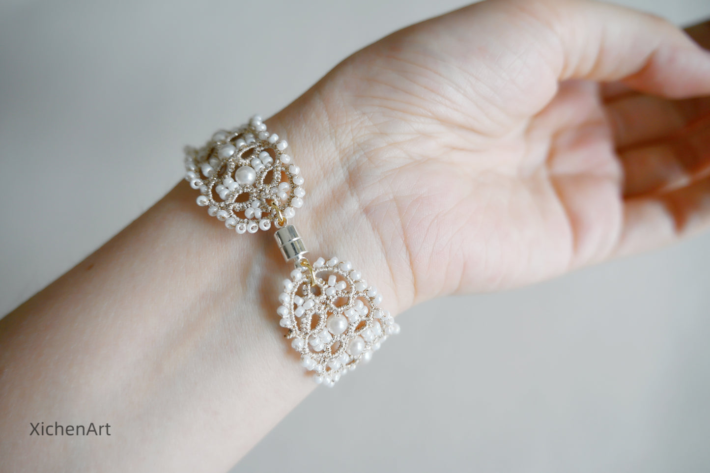 gorgeous handmade tatting lace bracelet, unique design tatting bracelet with pearls and beads