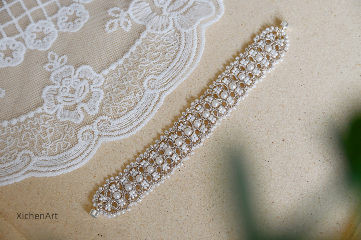 gorgeous handmade tatting lace bracelet, unique design tatting bracelet with pearls and beads