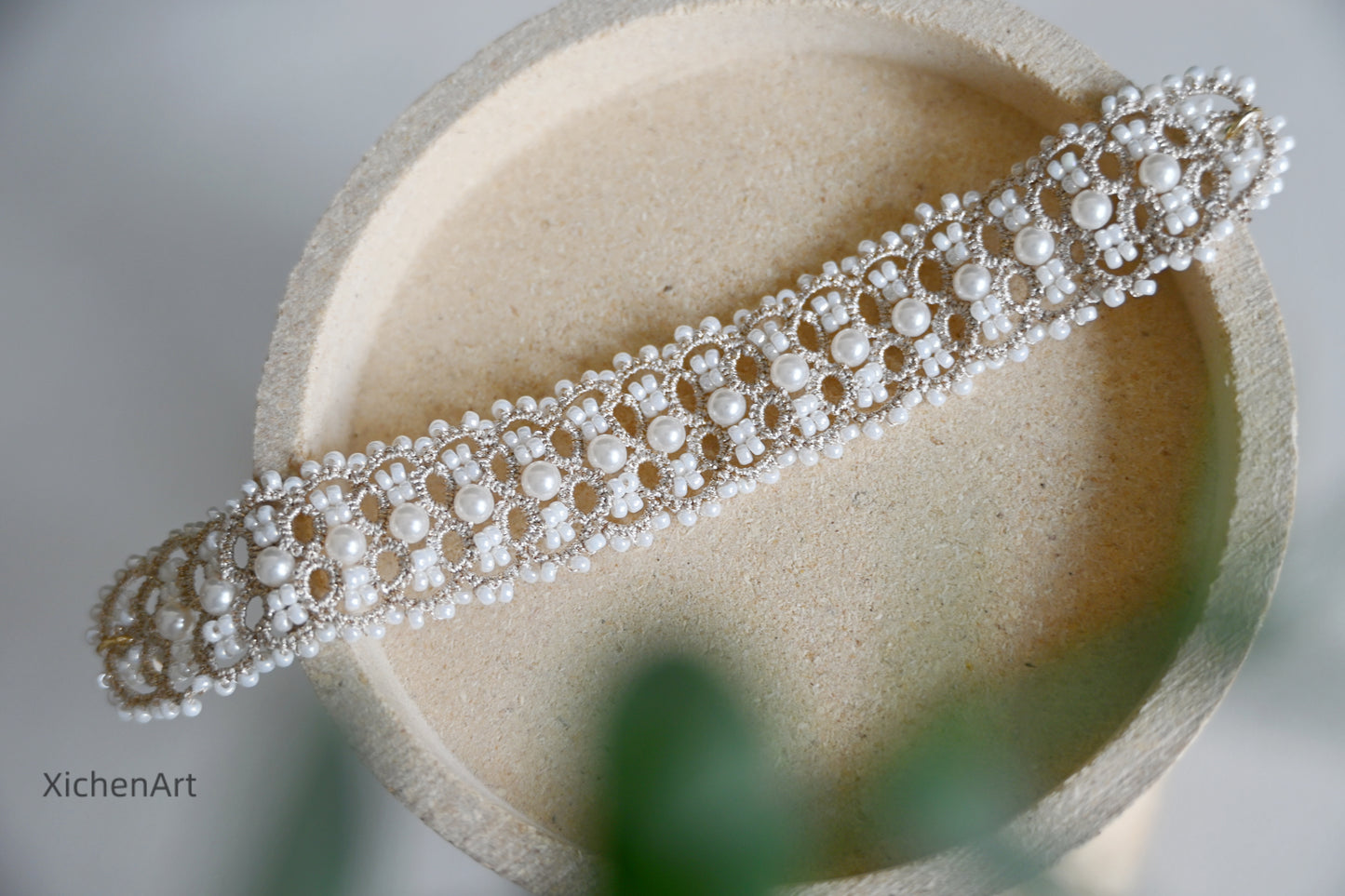 gorgeous handmade tatting lace bracelet, unique design tatting bracelet with pearls and beads