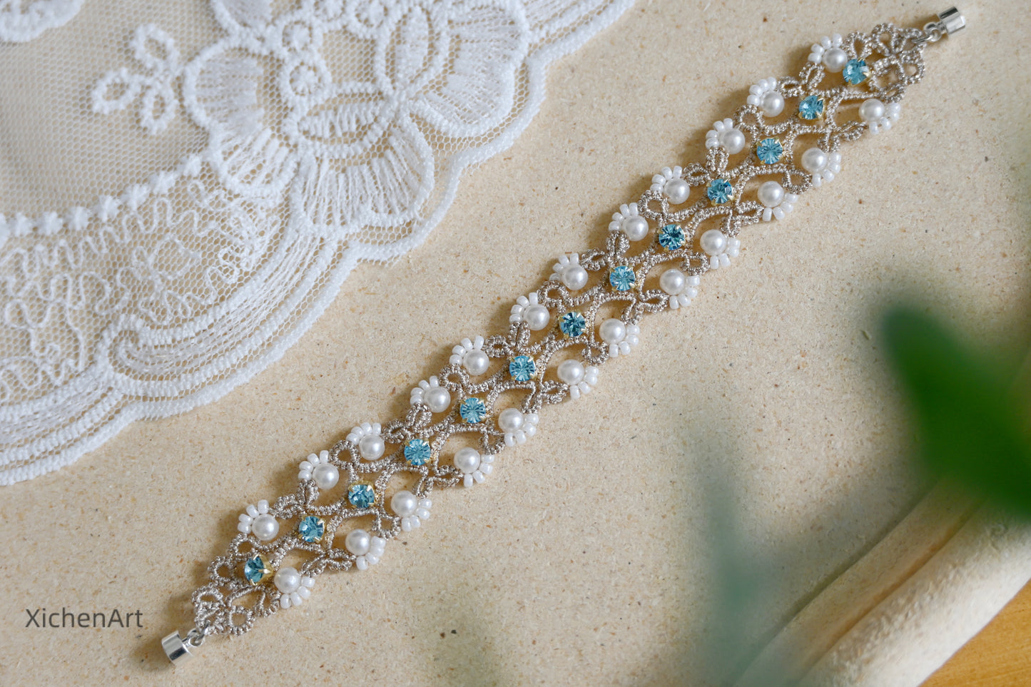 tatting bracelet with claw diamond and pearls, beautiful design frivolite tatting bracelet with pearl, handmade tatting bracelet with claw diamond