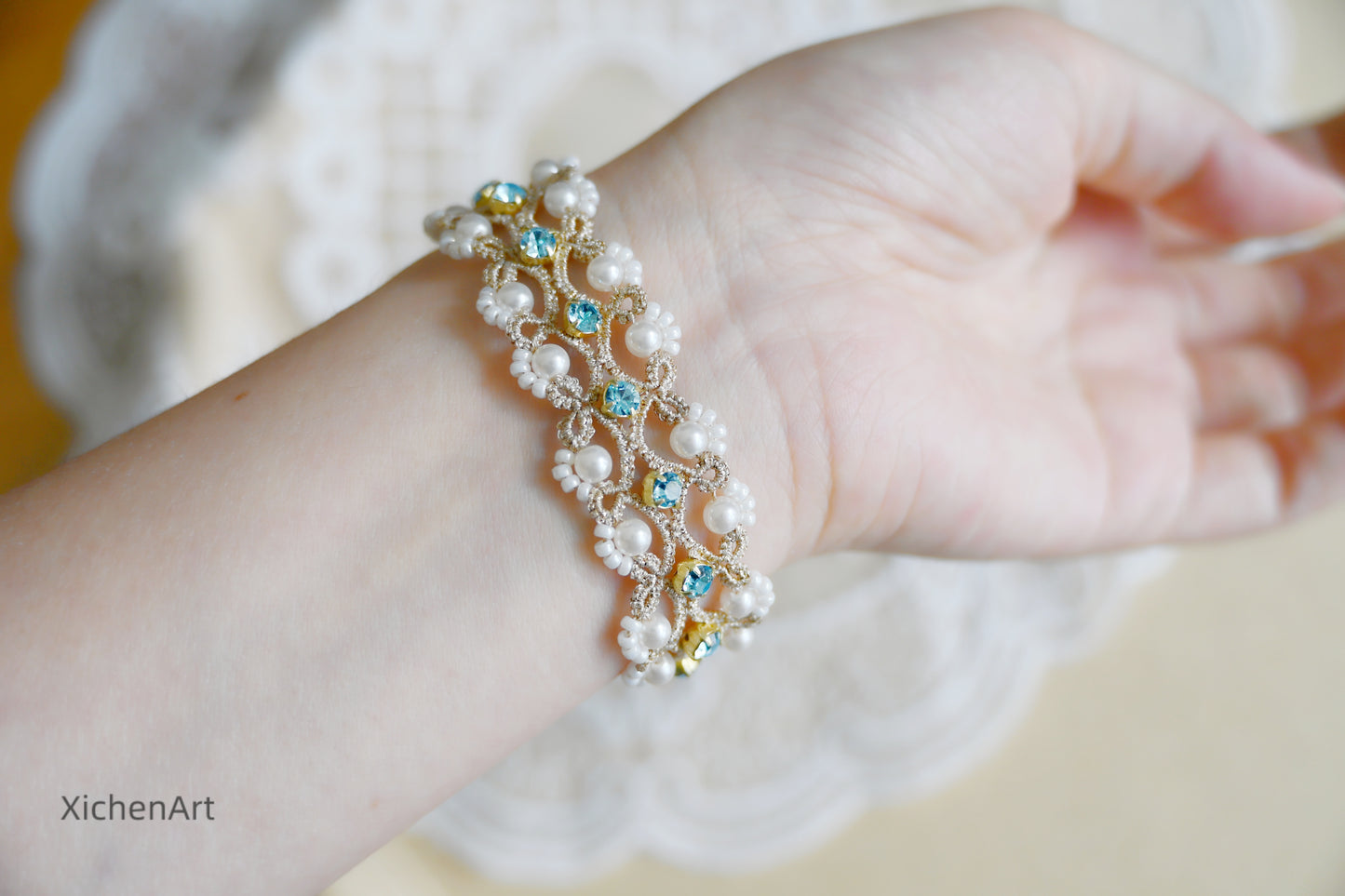 tatting bracelet with claw diamond and pearls, beautiful design frivolite tatting bracelet with pearl, handmade tatting bracelet with claw diamond