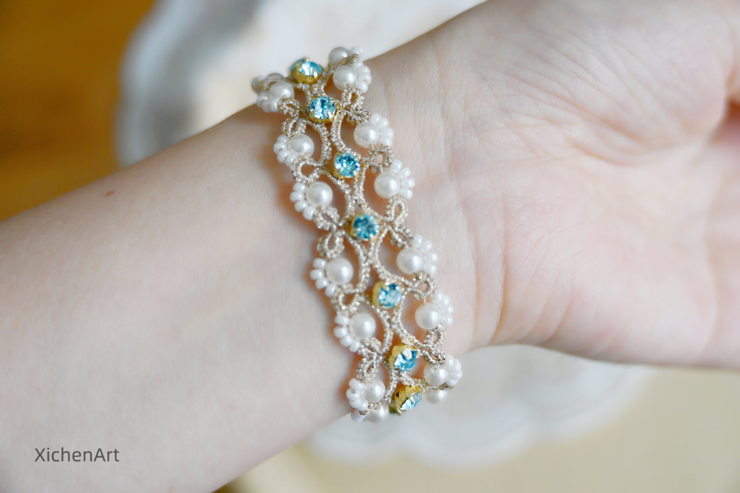 tatting bracelet with claw diamond and pearls, beautiful design frivolite tatting bracelet with pearl, handmade tatting bracelet with claw diamond