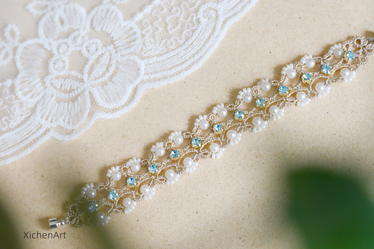 tatting bracelet with claw diamond and pearls, beautiful design frivolite tatting bracelet with pearl, handmade tatting bracelet with claw diamond