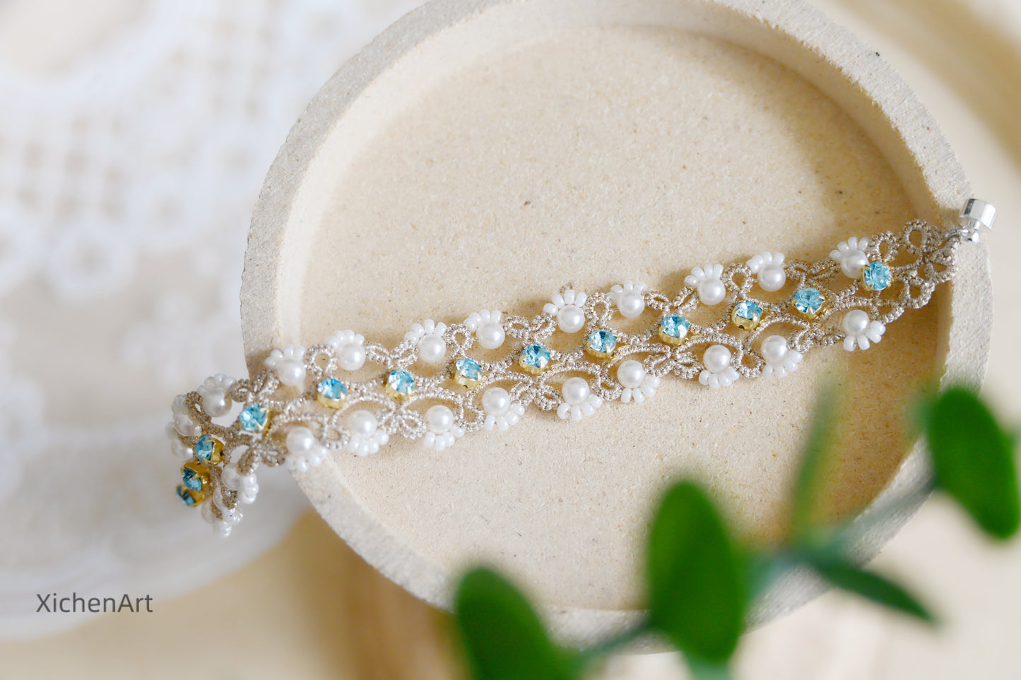 tatting bracelet with claw diamond and pearls, beautiful design frivolite tatting bracelet with pearl, handmade tatting bracelet with claw diamond