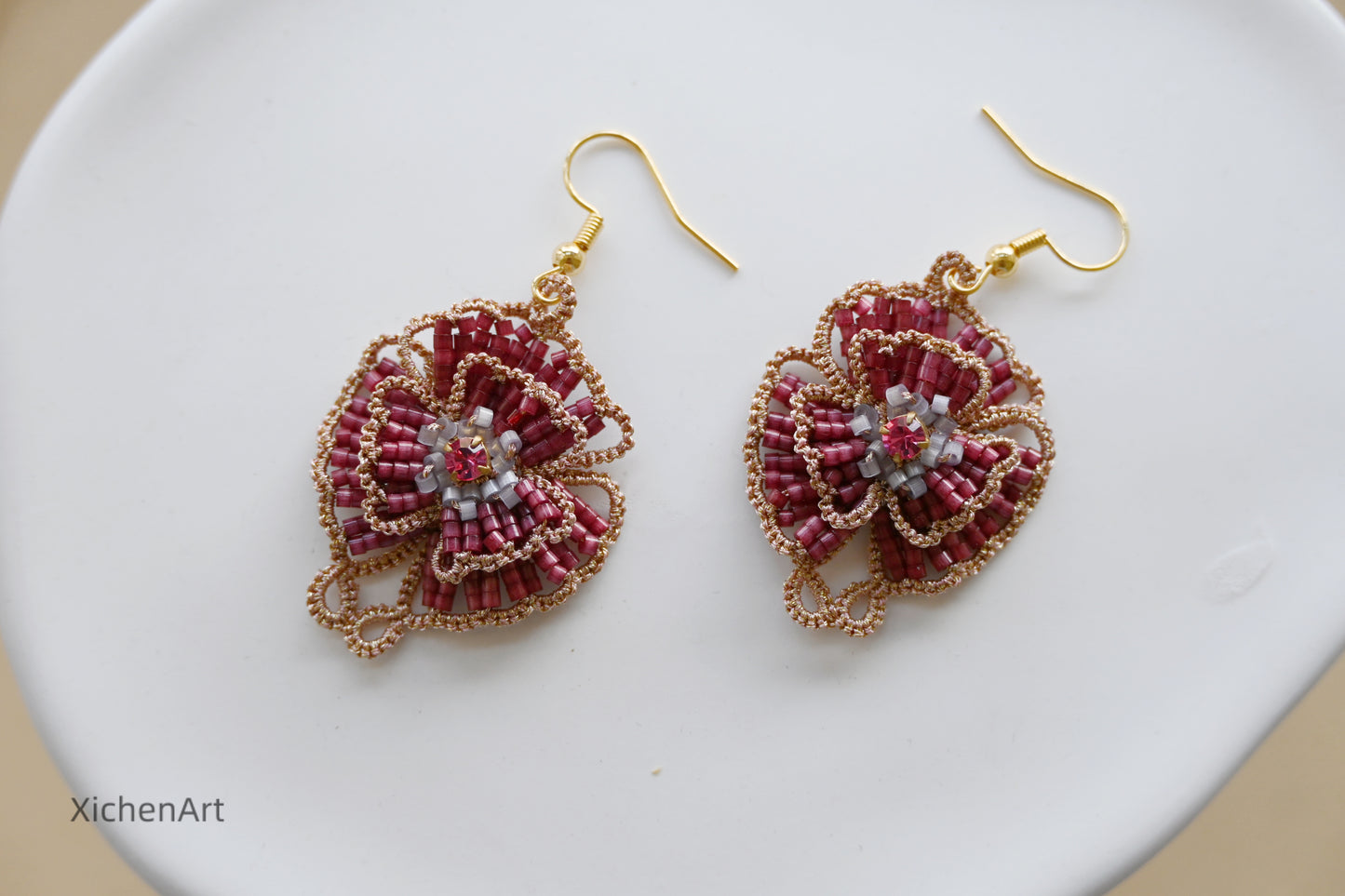 tatting camellia flower earring, frivolite tatting camellia earring, handmade tatting camellia earrings