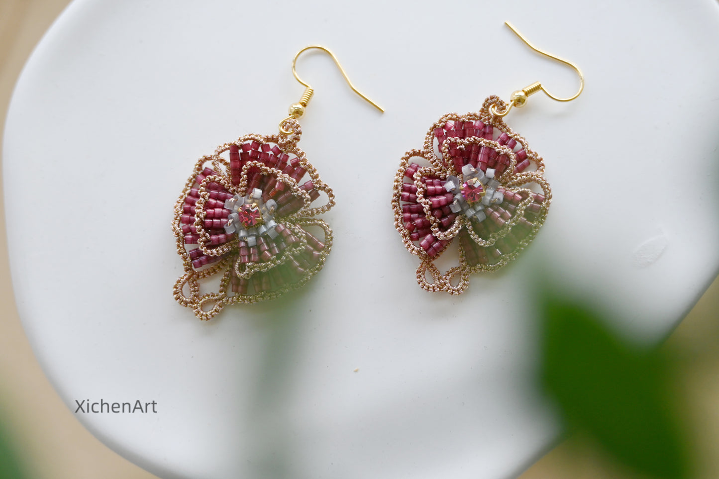 tatting camellia flower earring, frivolite tatting camellia earring, handmade tatting camellia earrings