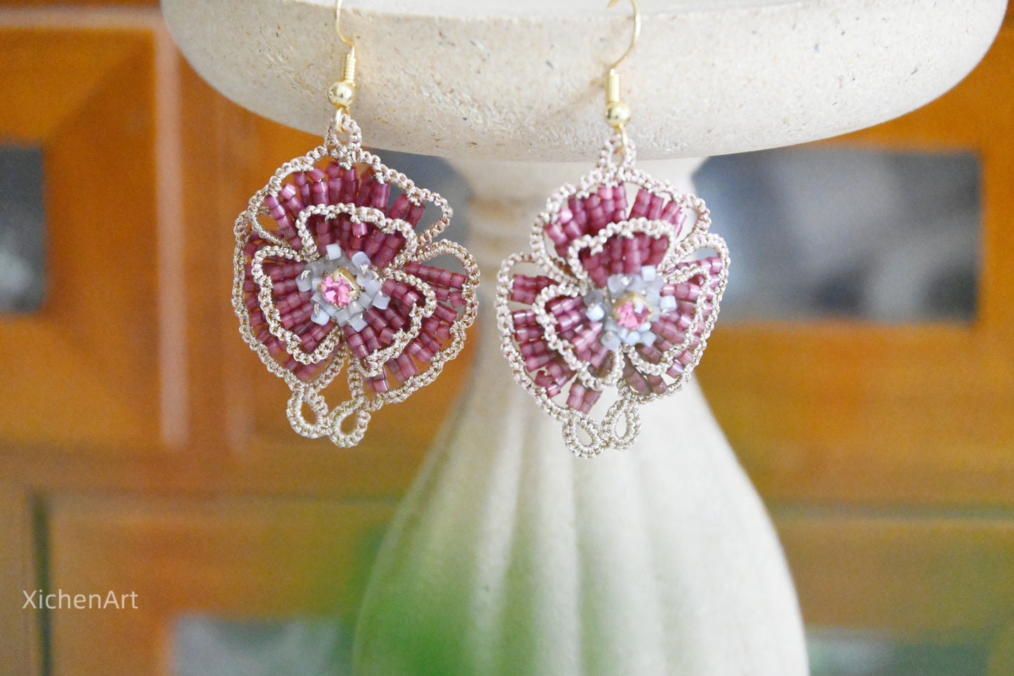 tatting camellia flower earring, frivolite tatting camellia earring, handmade tatting camellia earrings