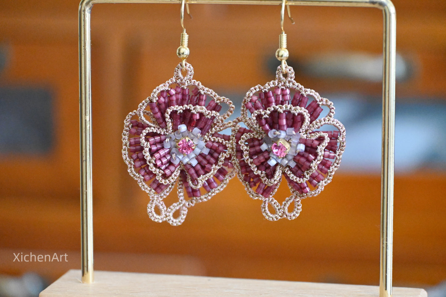 tatting camellia flower earring, frivolite tatting camellia earring, handmade tatting camellia earrings