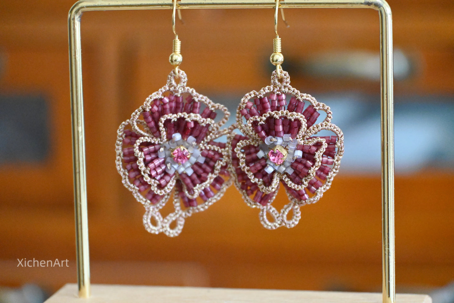 tatting camellia flower earring, frivolite tatting camellia earring, handmade tatting camellia earrings