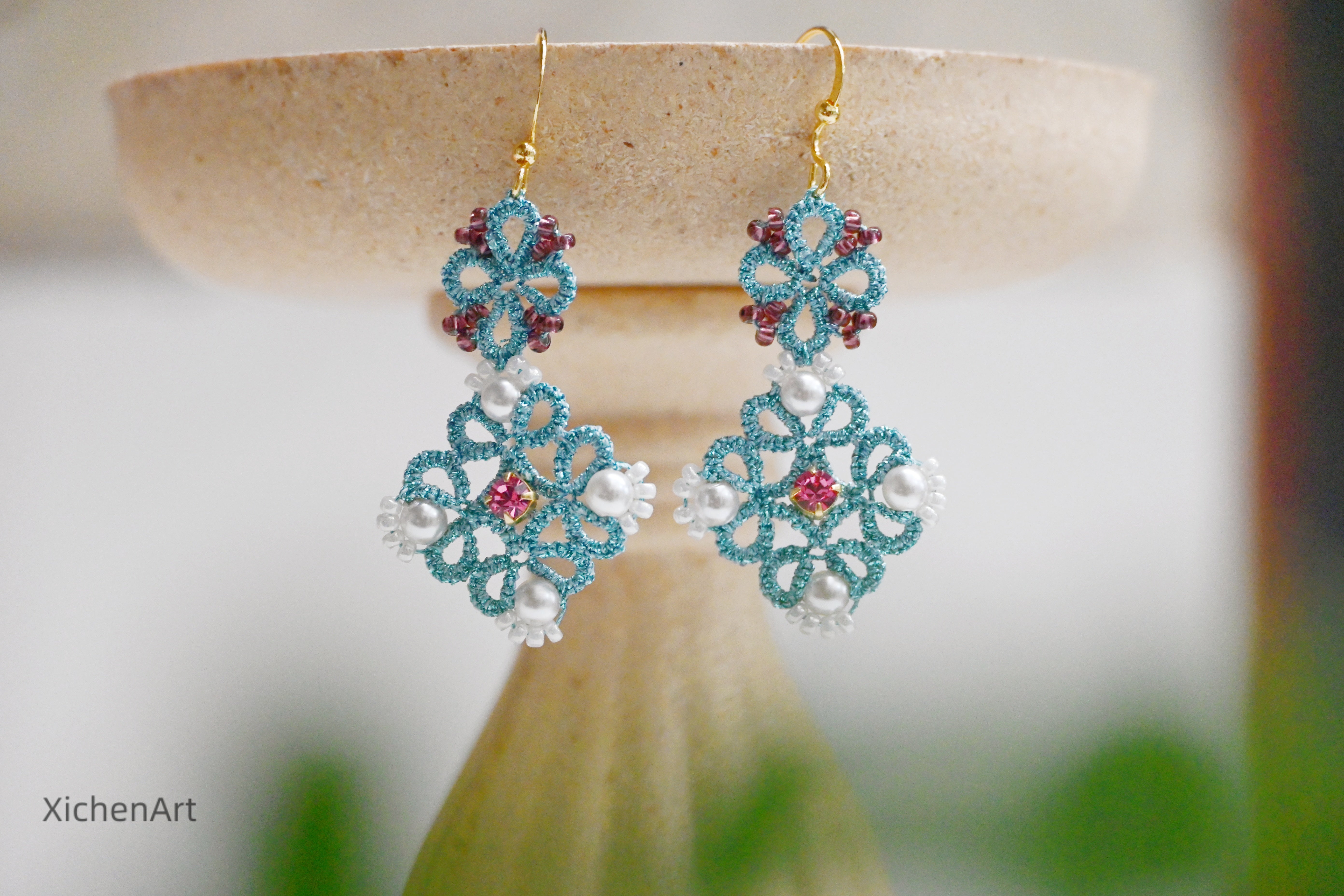 Aquamarine Teal Earrings Tatted Lace Jewelry Beaded Earrings Beadwork Earrings Frivolitè popular