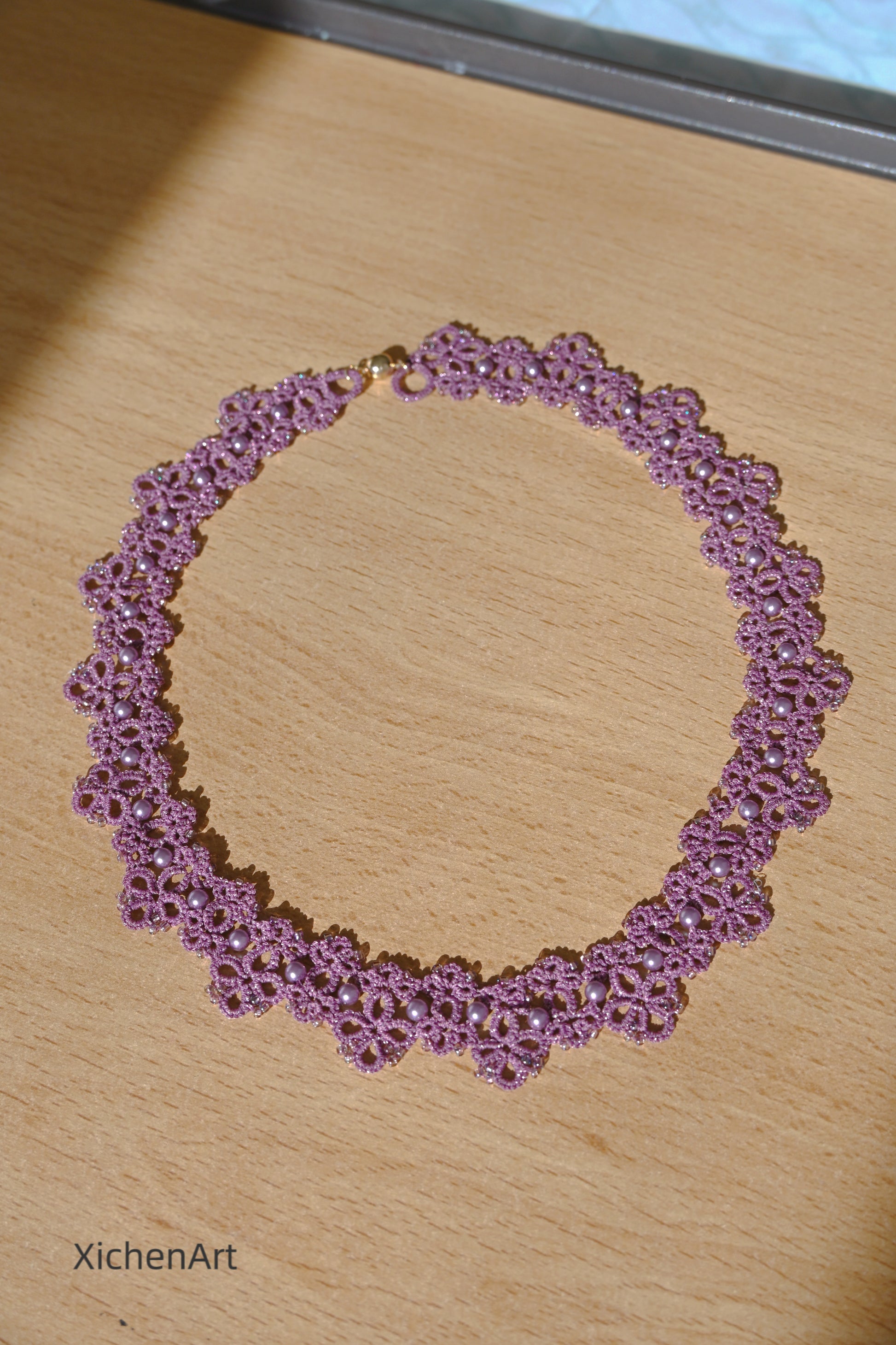 tatting purple necklace with pearl and miyuki beads