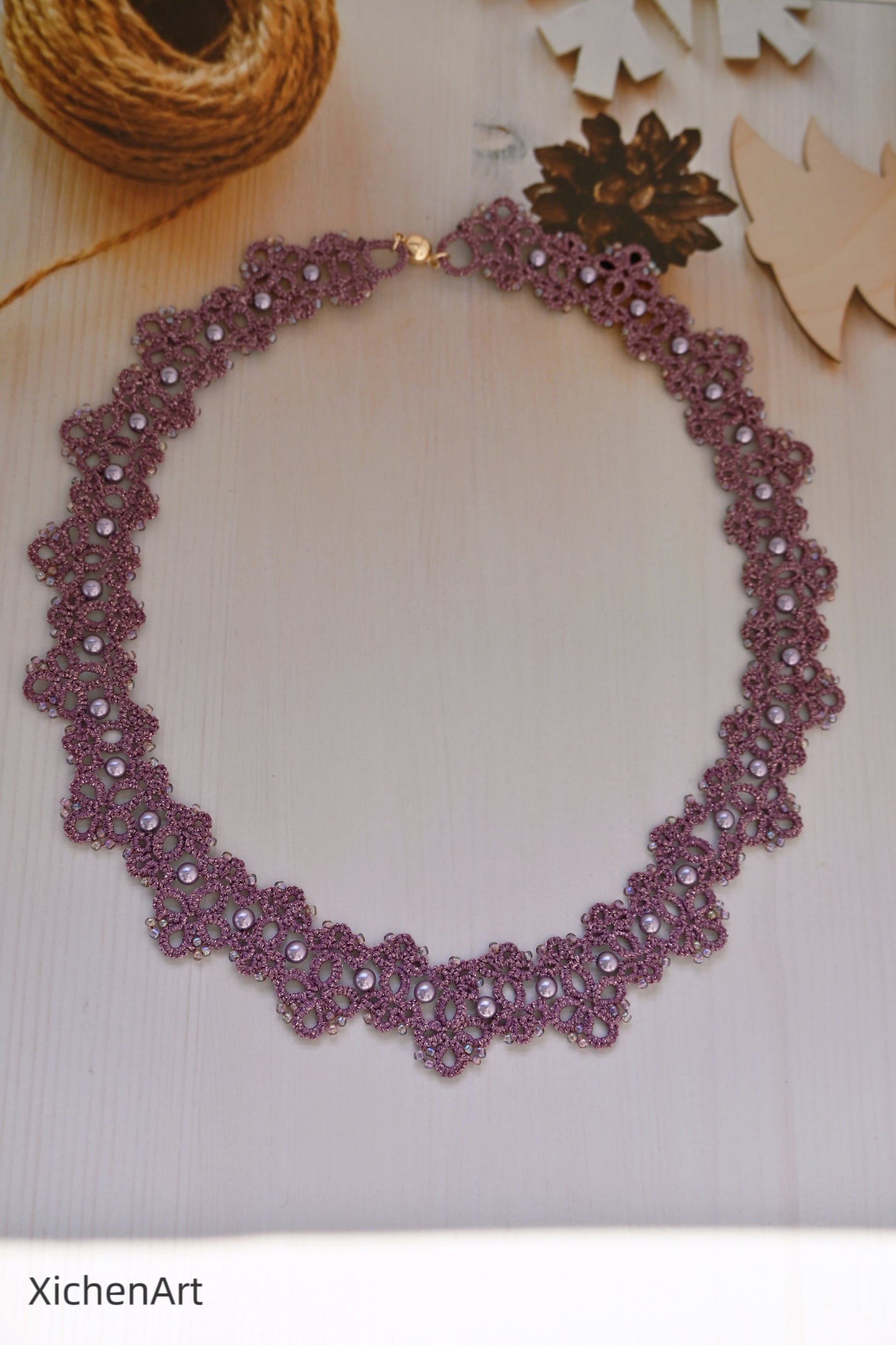 tatting purple necklace with pearl and miyuki beads