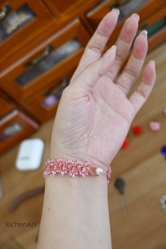 pink tatting bracelet with miyuki beads