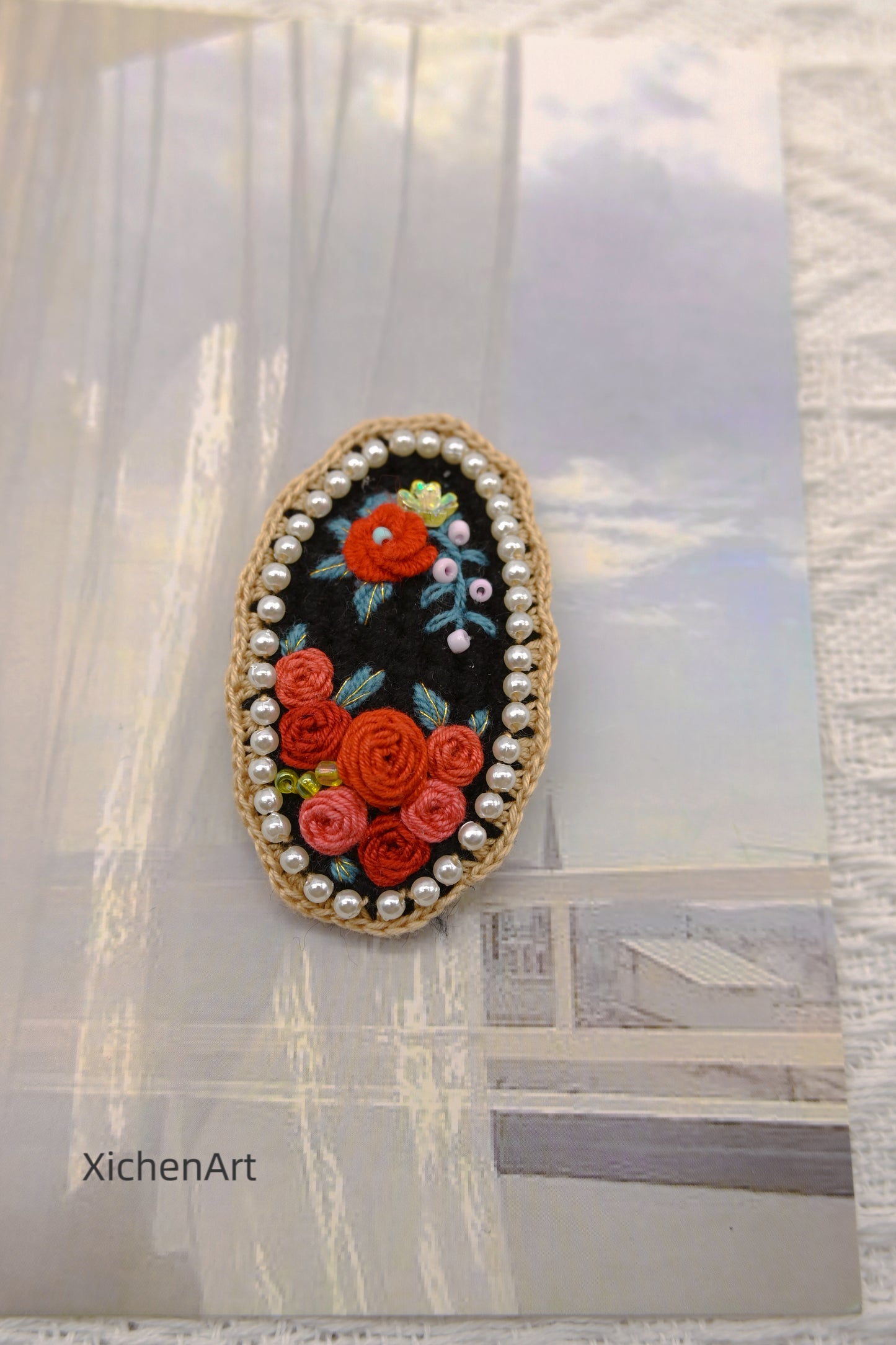 handmade embroider rose hair clip