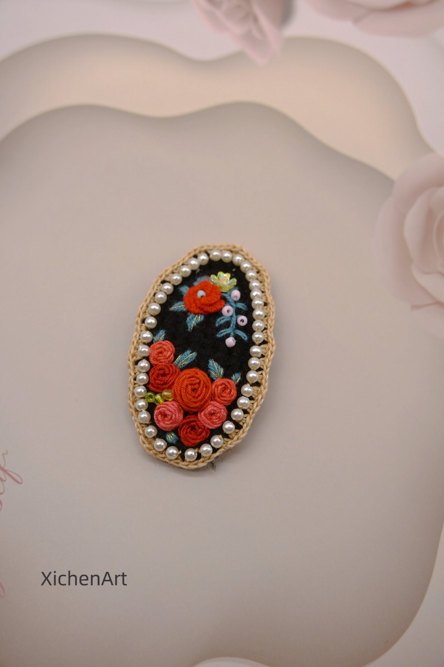 handmade embroider rose hair clip