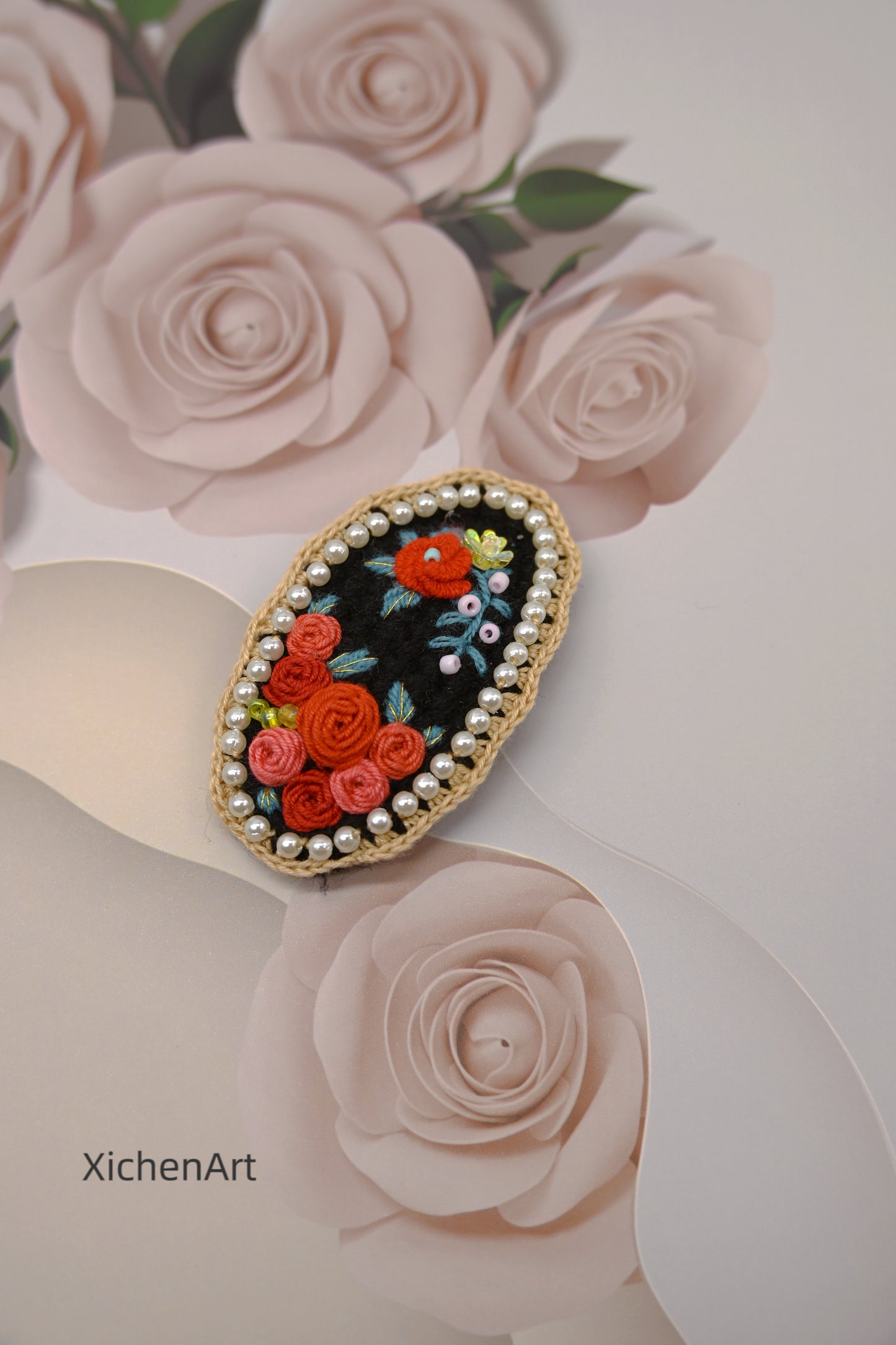 handmade embroider rose hair clip