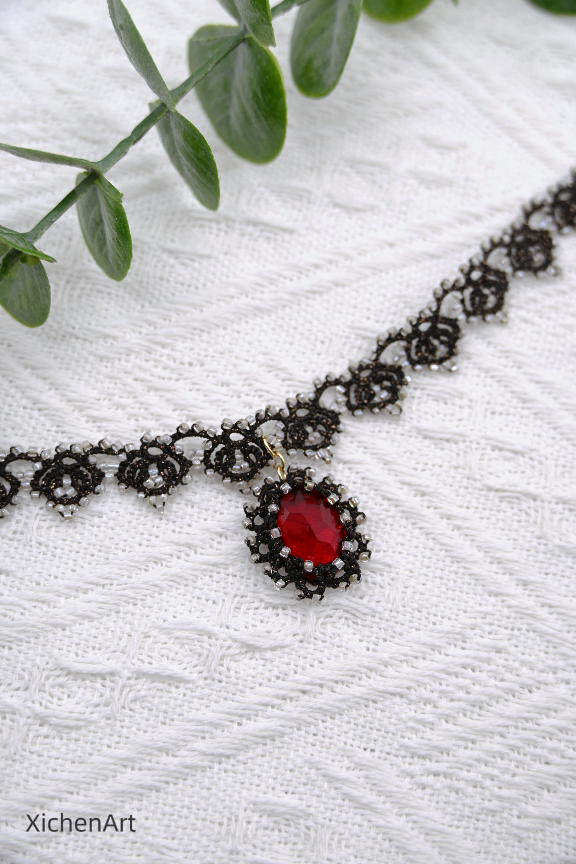 black tatting choker with red crystal