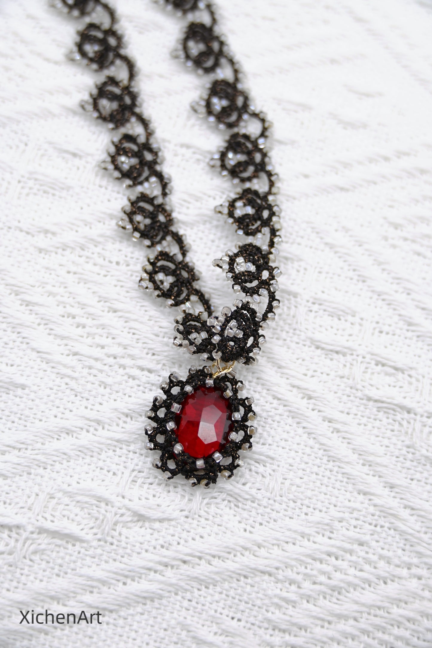 black tatting choker with red crystal