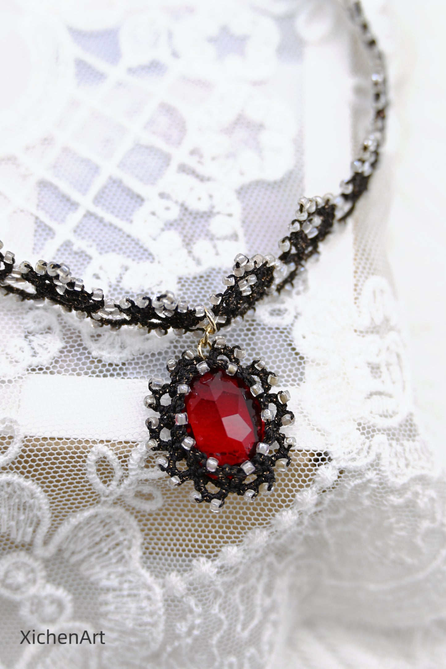 black tatting choker with red crystal