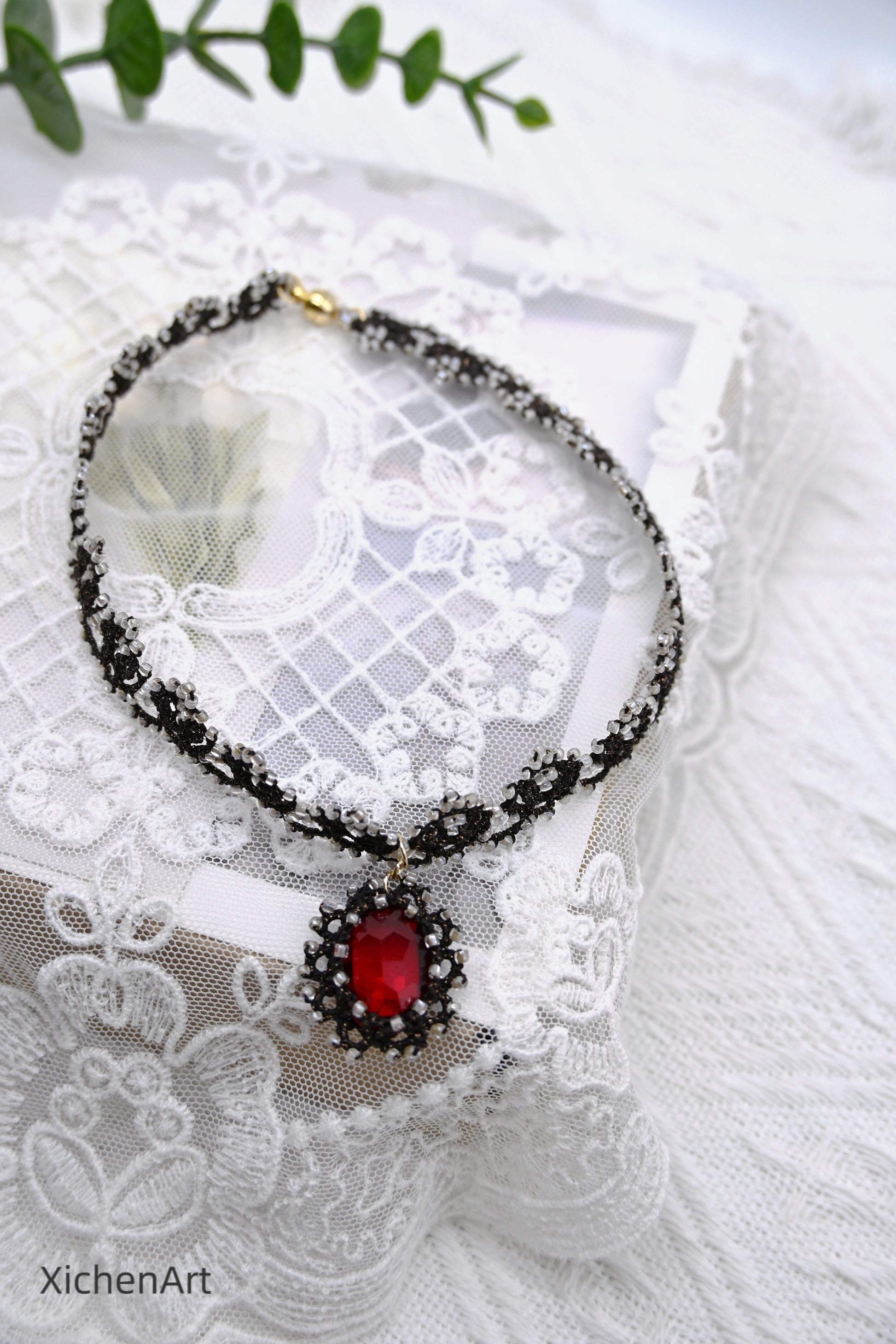 black tatting choker with red crystal