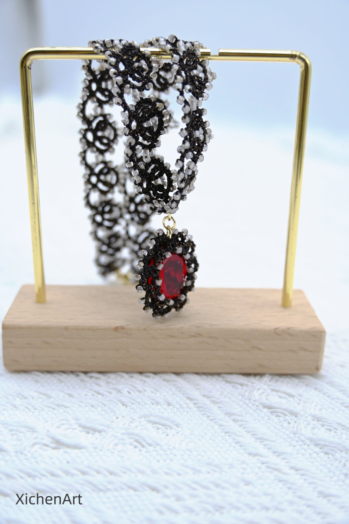 black tatting choker with red crystal