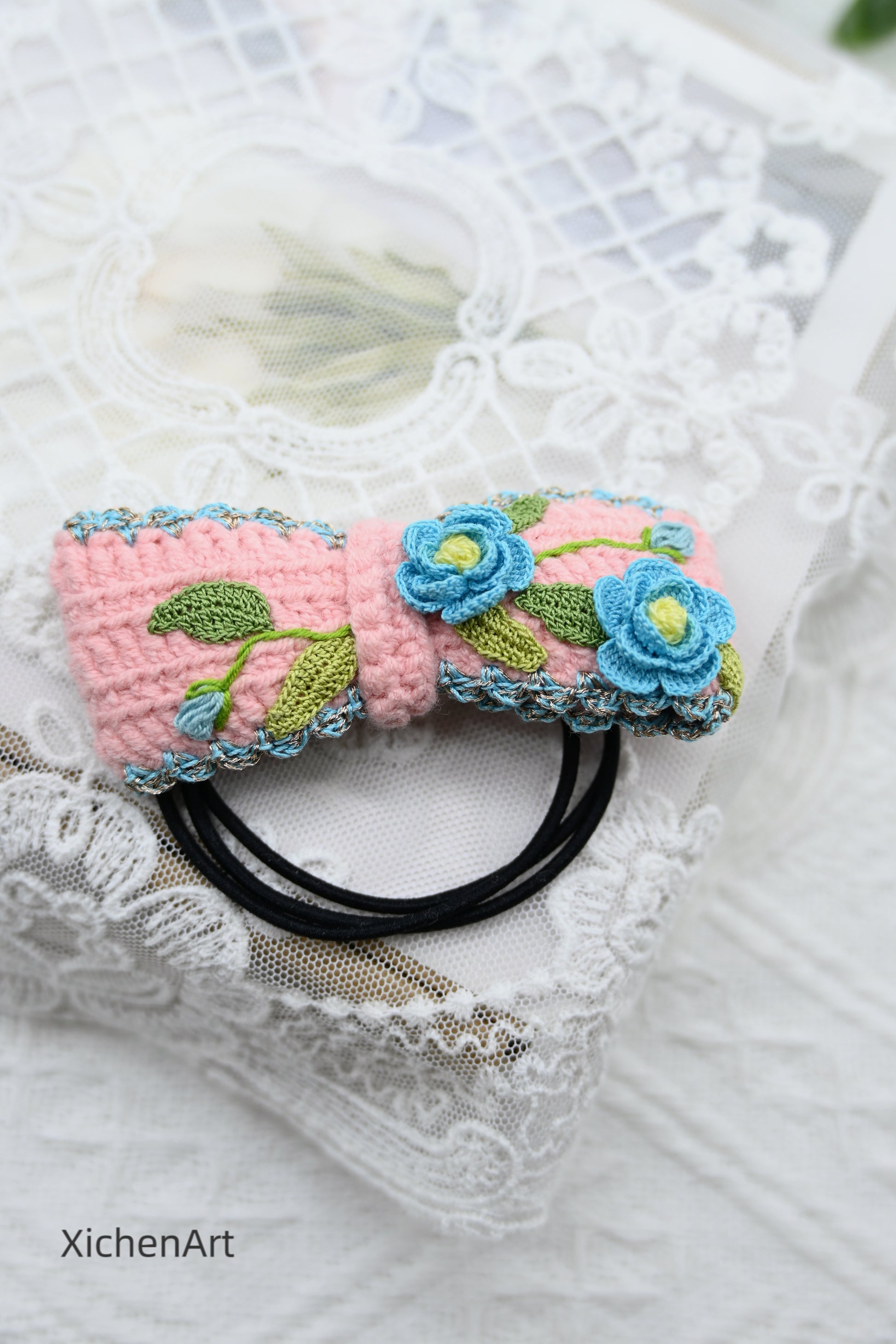 micro crochet camellia flower hair rope