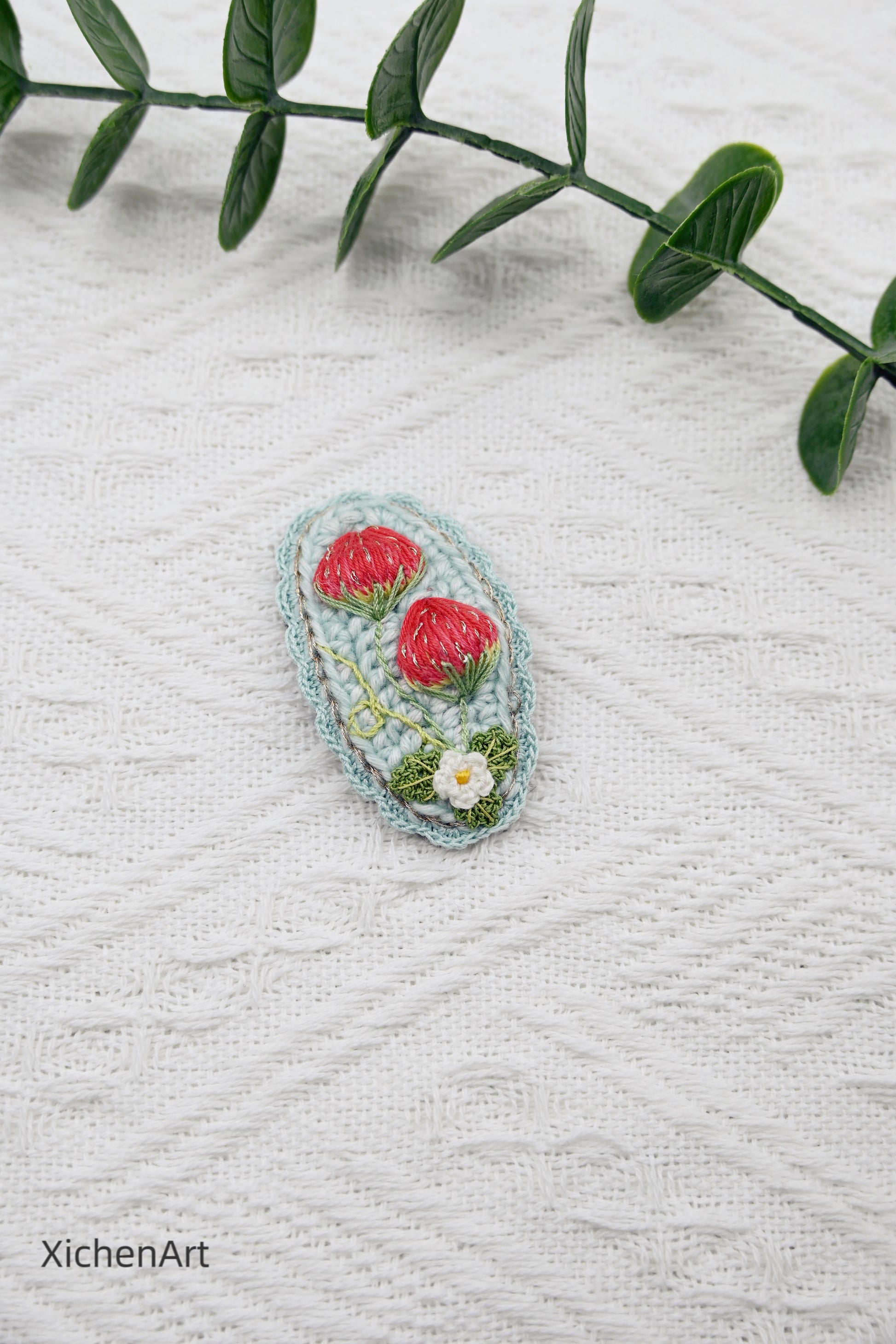 embroider strawberry hair clip