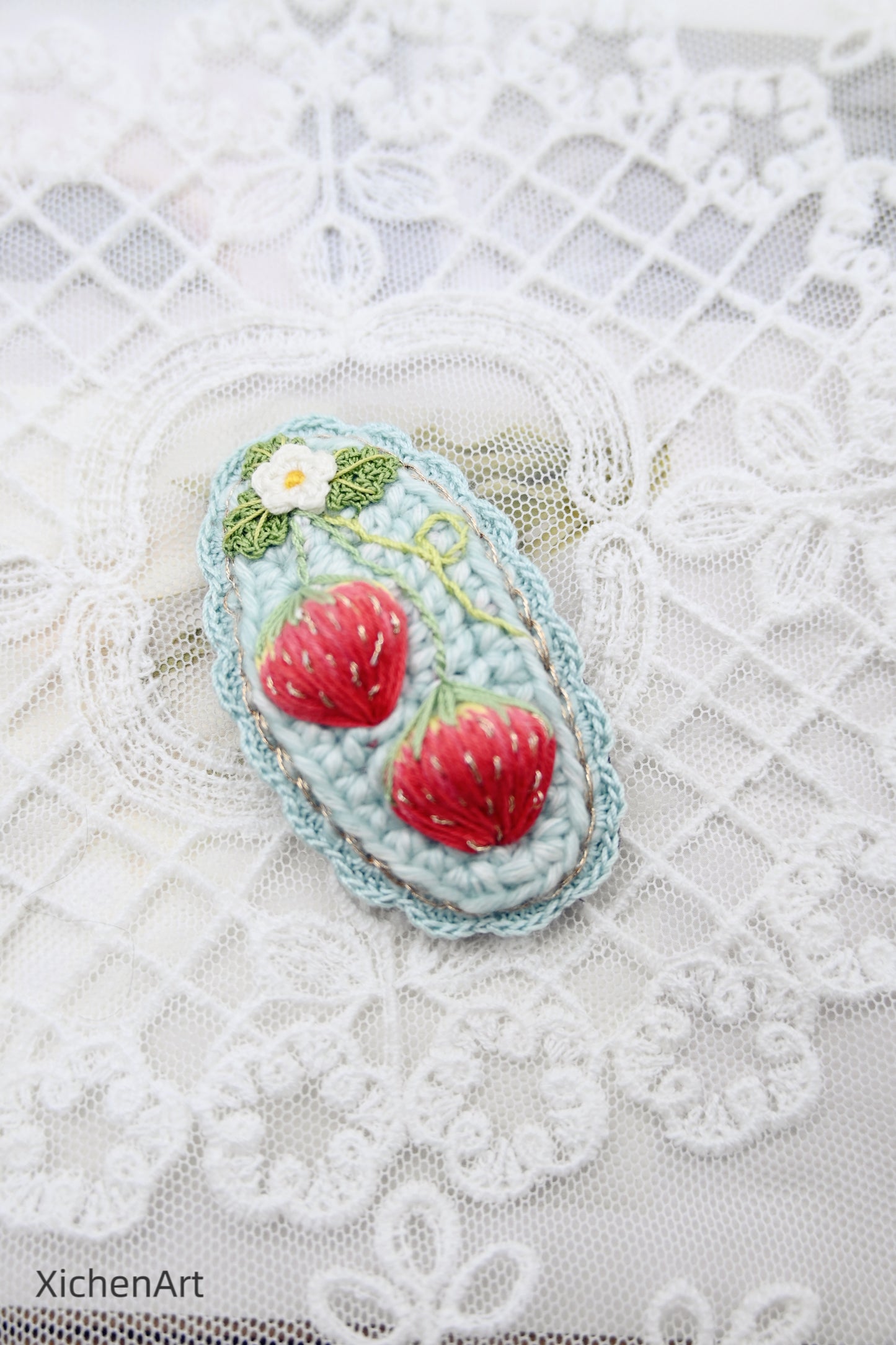 embroider strawberry hair clip