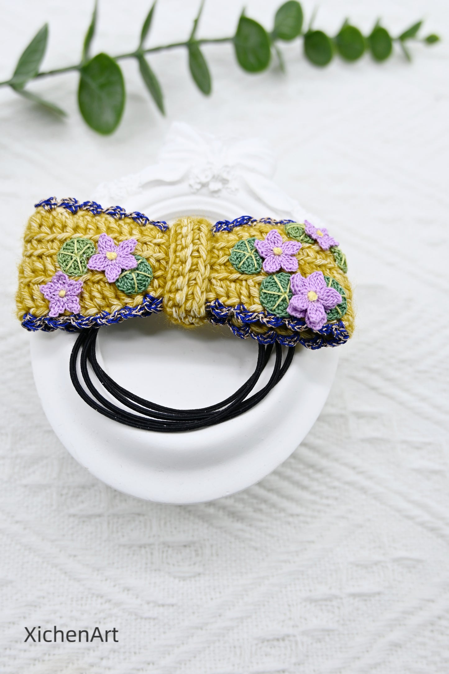 micro crochet lotus flower hair rope, delicate crochet bow tie hair rope, handmade crochet bow tie hair rope