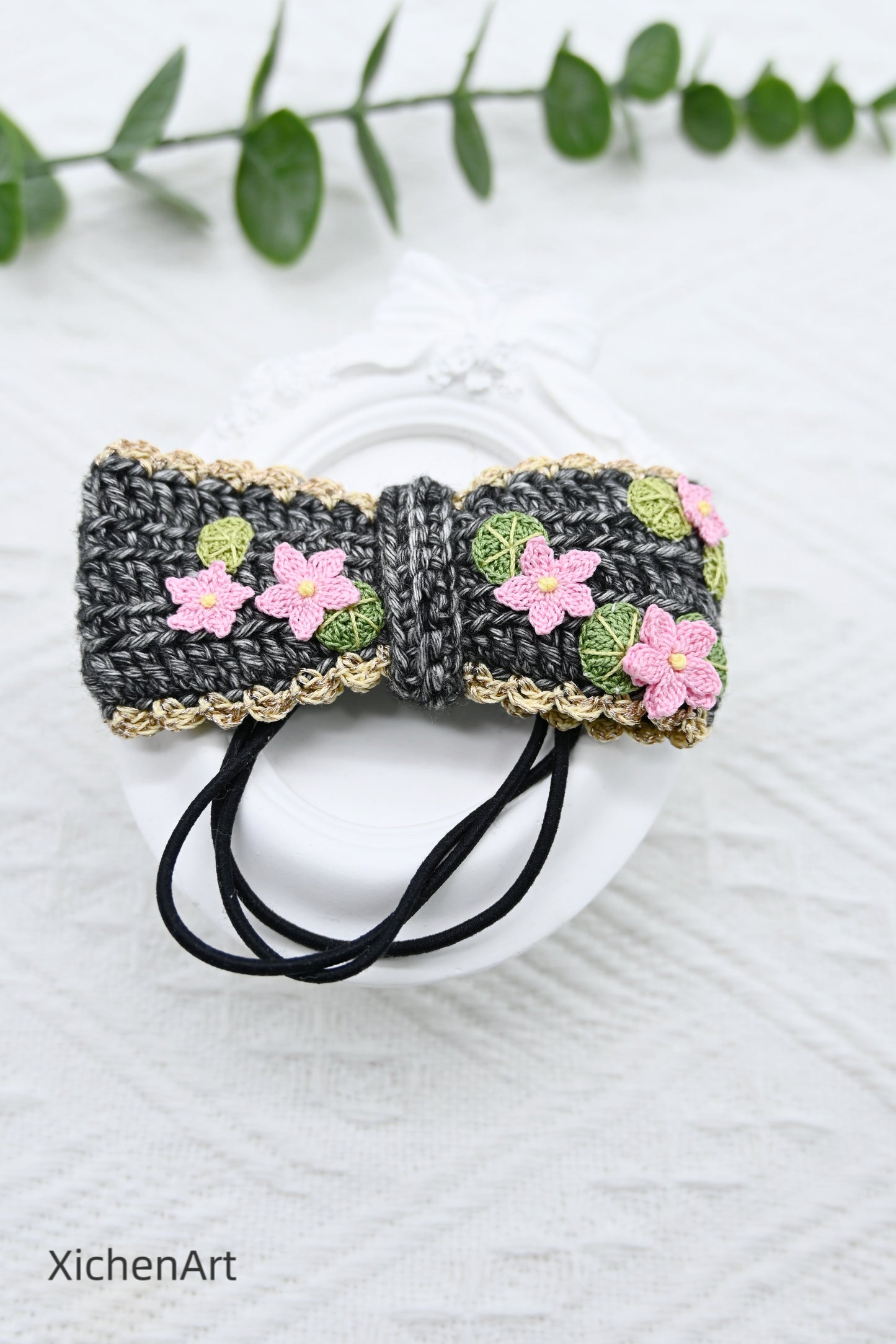 micro crochet lotus flower hair rope, delicate crochet bow tie hair rope, handmade crochet bow tie hair rope