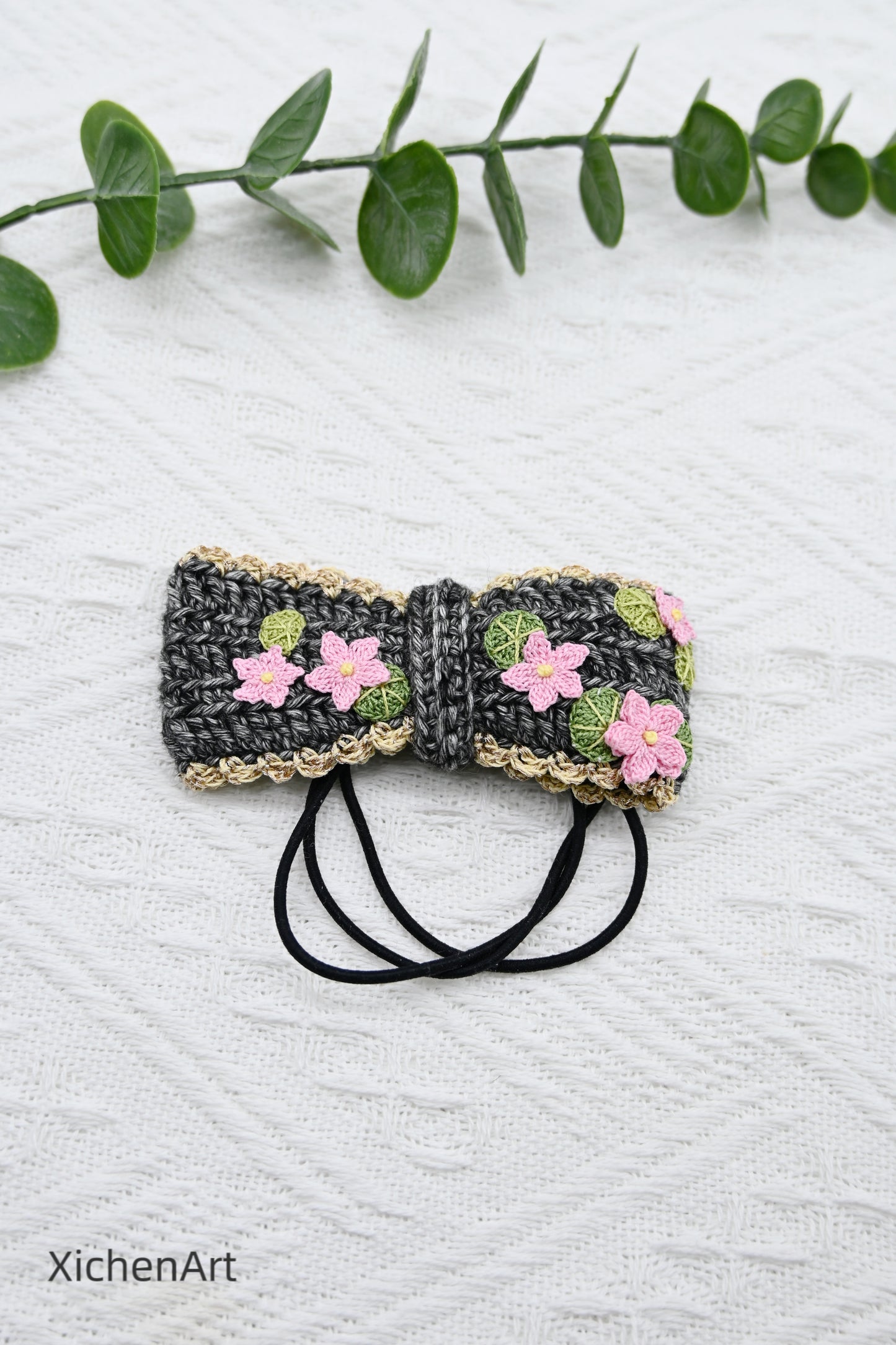 micro crochet lotus flower hair rope, delicate crochet bow tie hair rope, handmade crochet bow tie hair rope