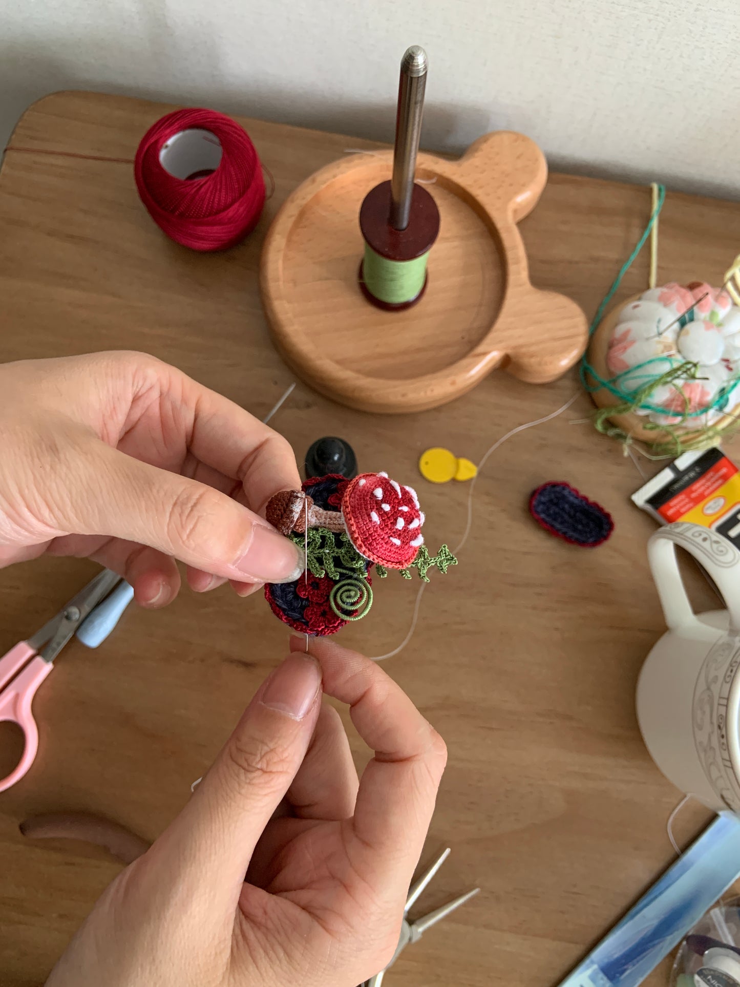 Micro crochet mushroom brooch