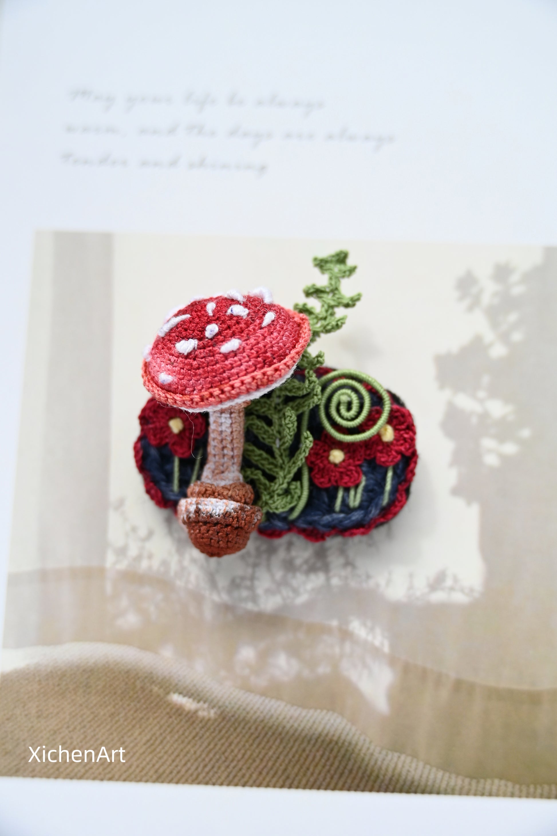 Micro crochet mushroom brooch