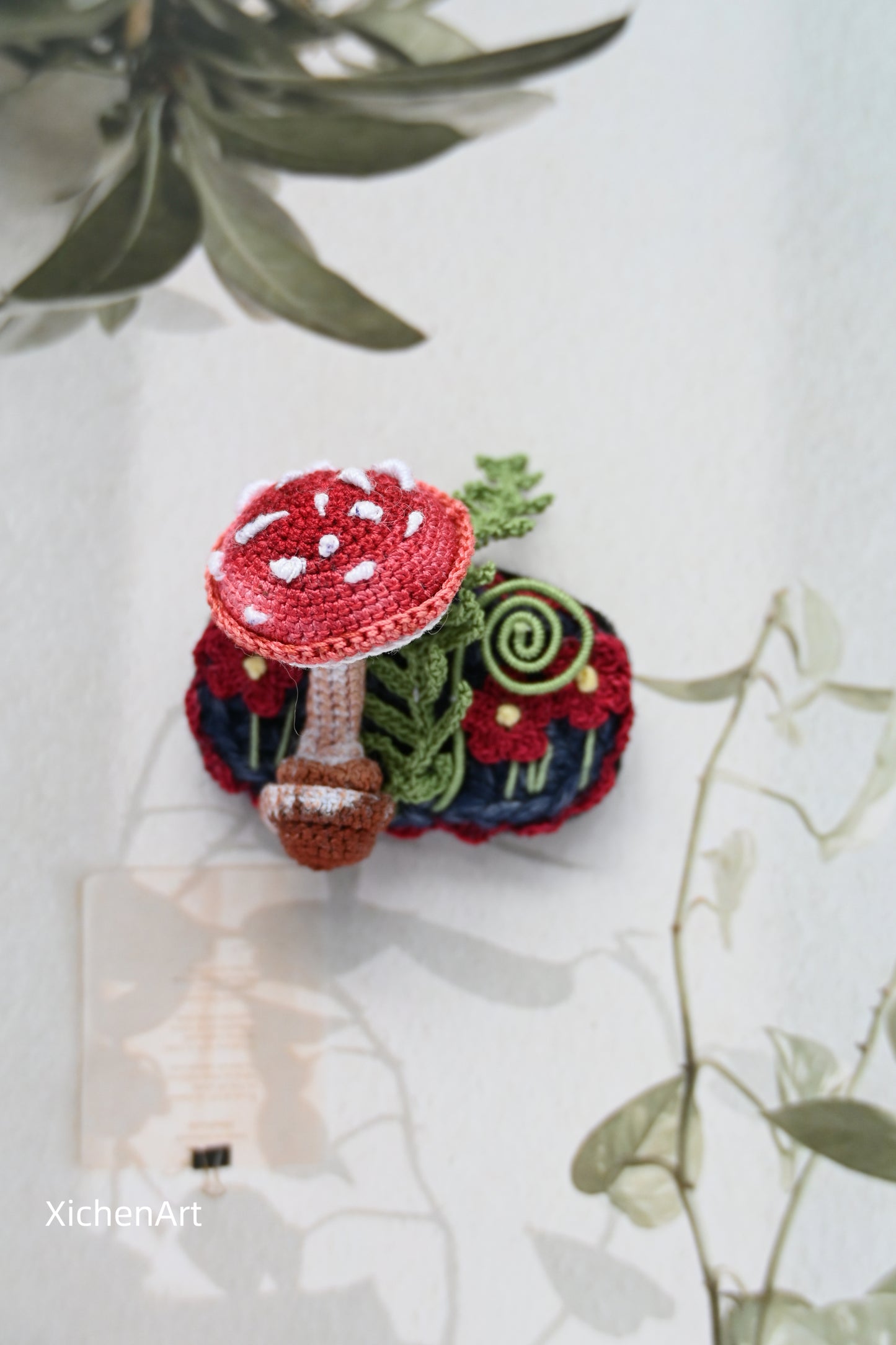 Micro crochet mushroom brooch