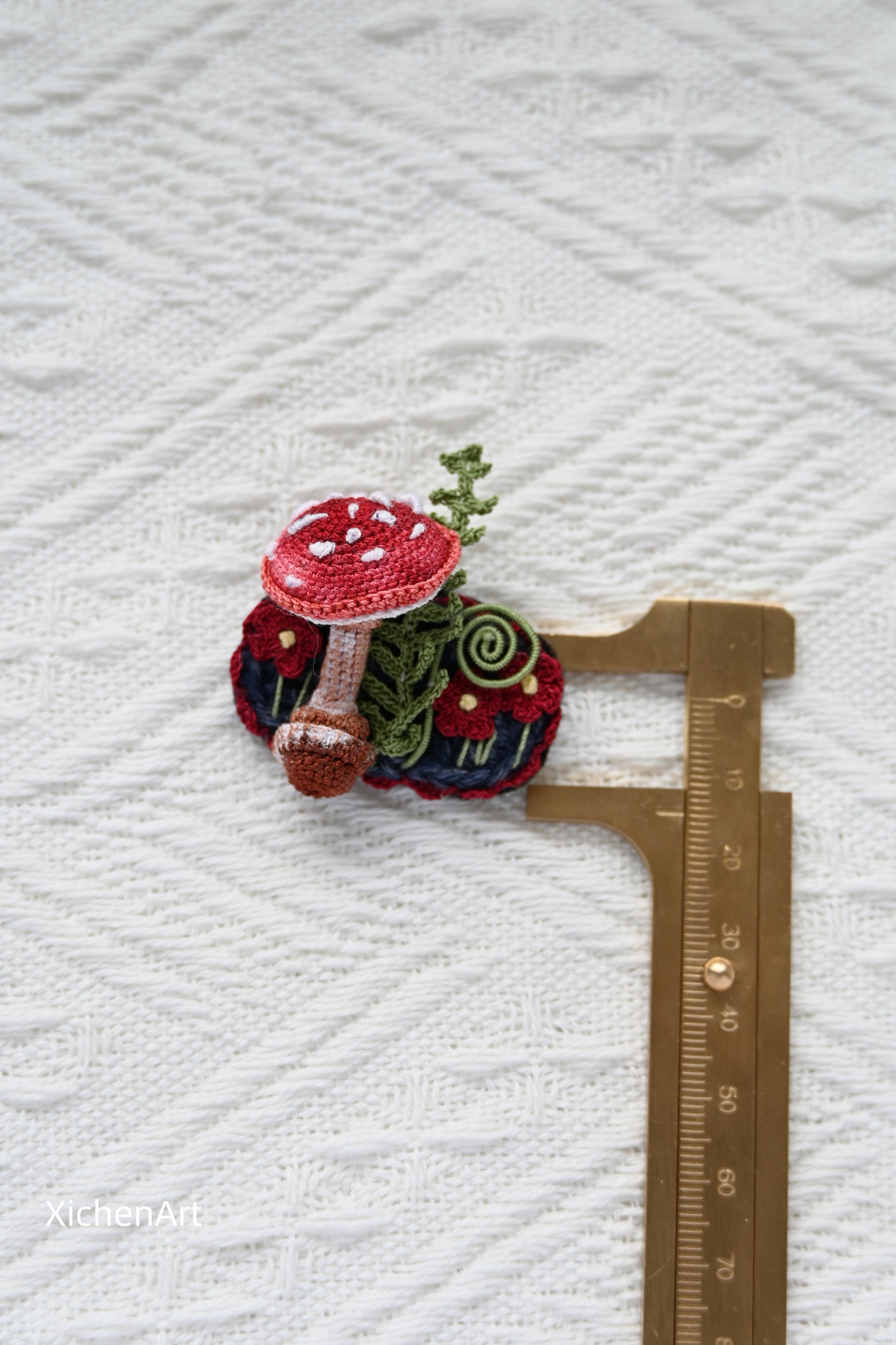 Micro crochet mushroom brooch