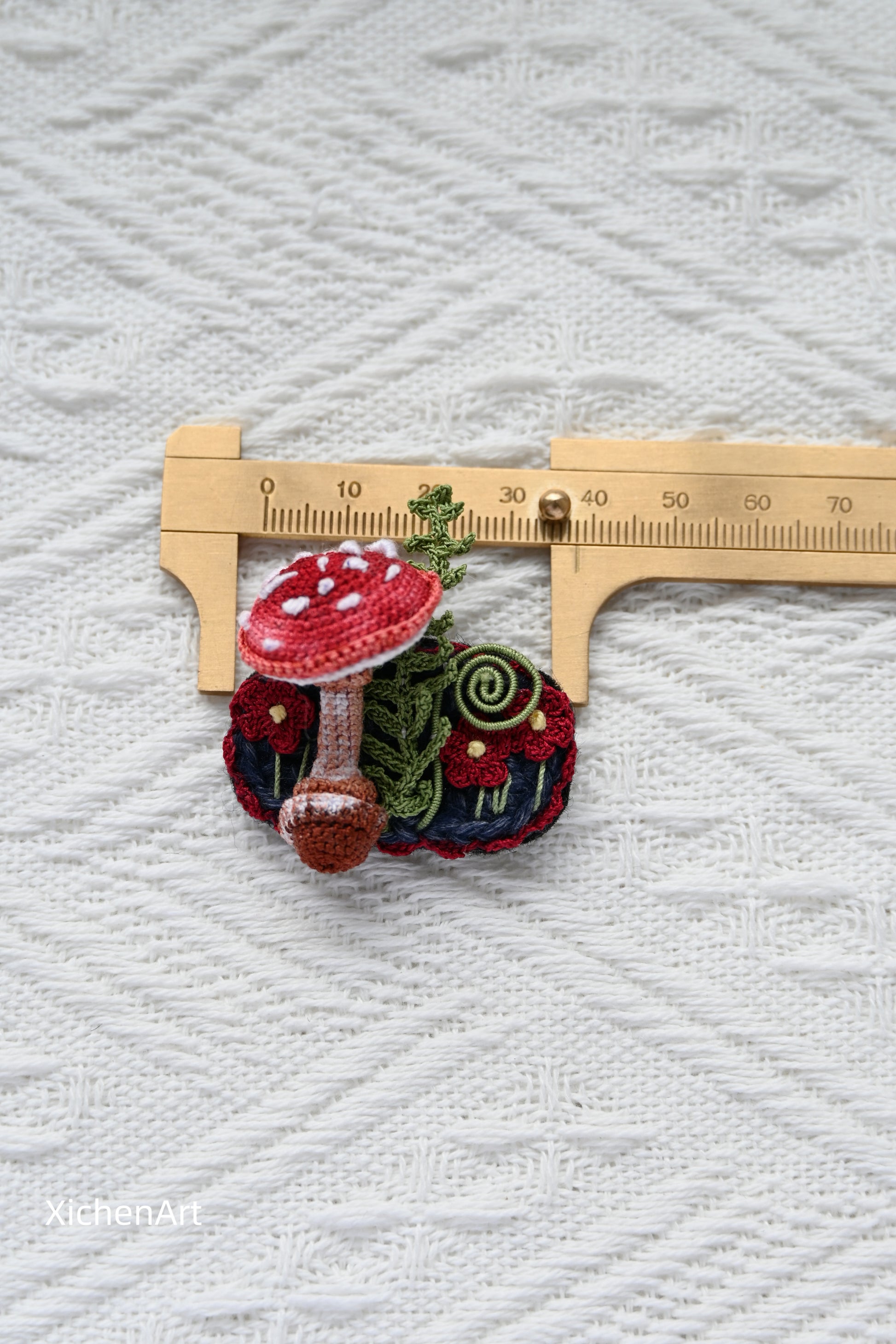 Micro crochet mushroom brooch