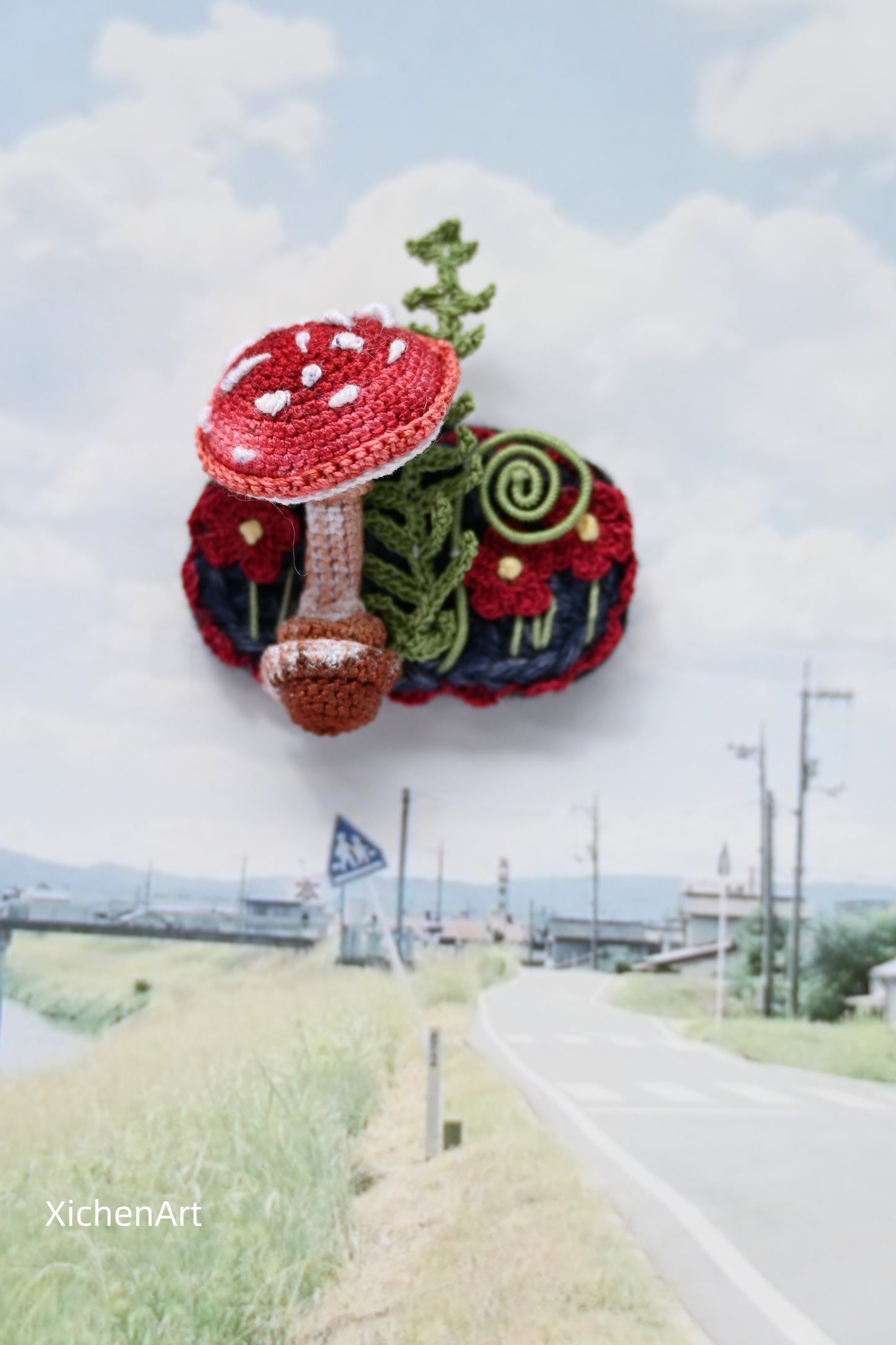 Micro crochet mushroom brooch