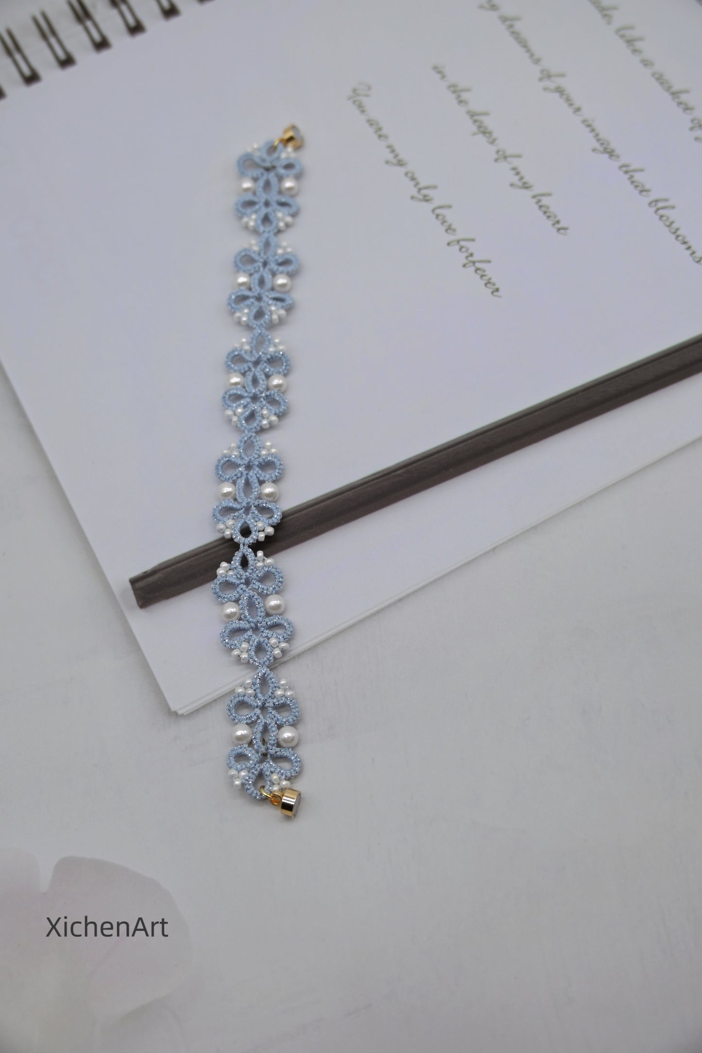 blue Frivolité bracelet with pearl and miyuki beads