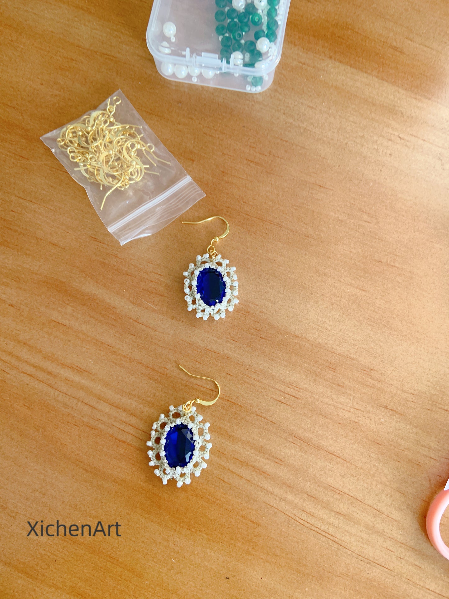 tatting earring with blue crystal